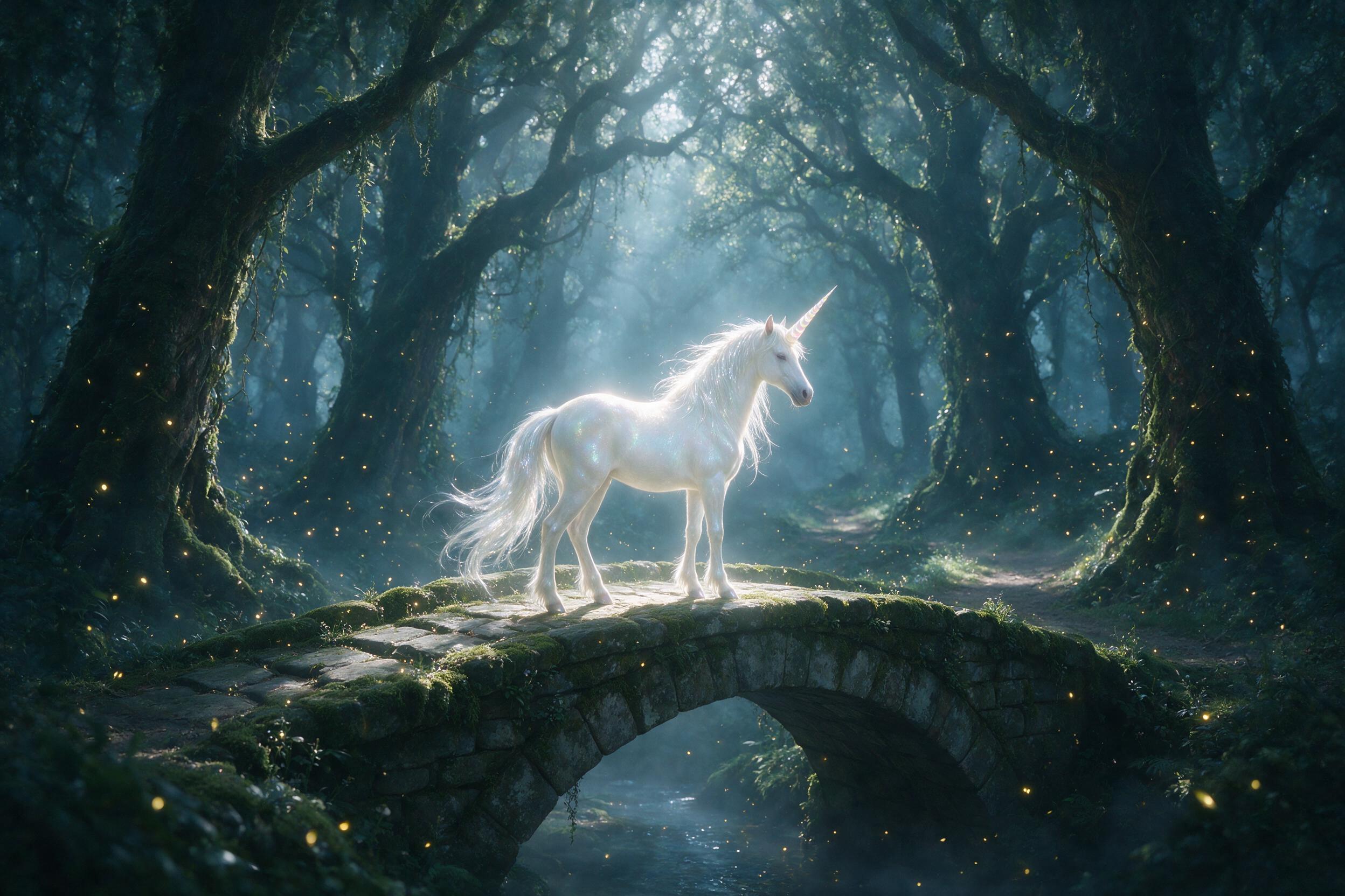 A luminous unicorn with a shimmering, opalescent horn stands on a moss-covered stone bridge in an enchanted forest. Wisps of golden fireflies dance around ancient, gnarled trees. Soft, ethereal moonlight filters through the misty canopy, casting dappled shadows. The scene is calm, serene, and slight