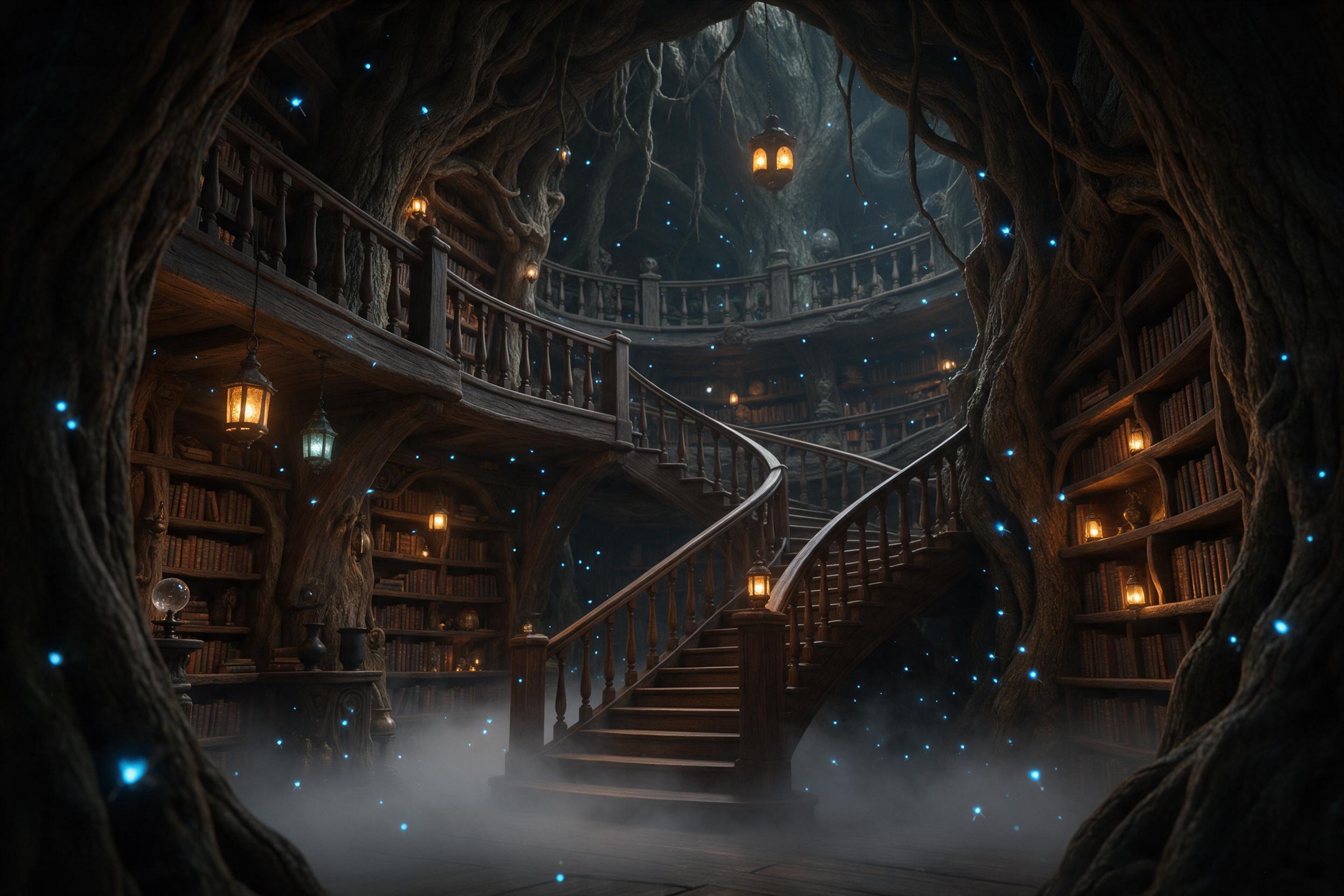 An ancient library hidden inside a giant tree, bookshelves carved into living wood, glowing blue fireflies drifting through the air, warm lantern light casting deep shadows, a winding staircase spiraling upward, soft mist on the ground, cinematic composition with layered depth