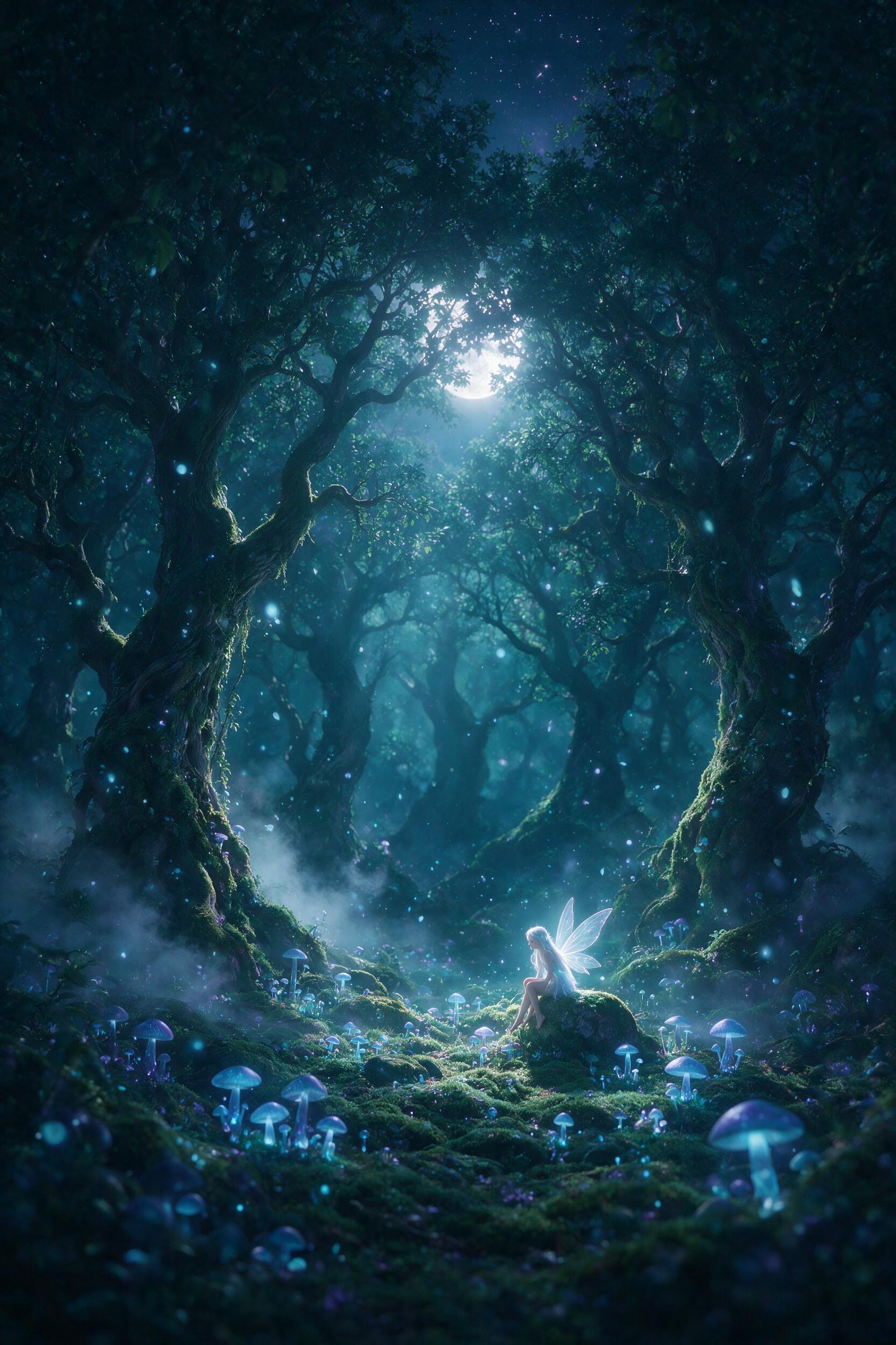 A moonlit enchanted forest glade, bioluminescent blue mushrooms and floating glowing spores, a silver-haired fairy with translucent wings perched on a mossy stone, soft mist curling around ancient gnarled trees, deep teal and violet palette, gentle volumetric light rays piercing the canopy, shallow 