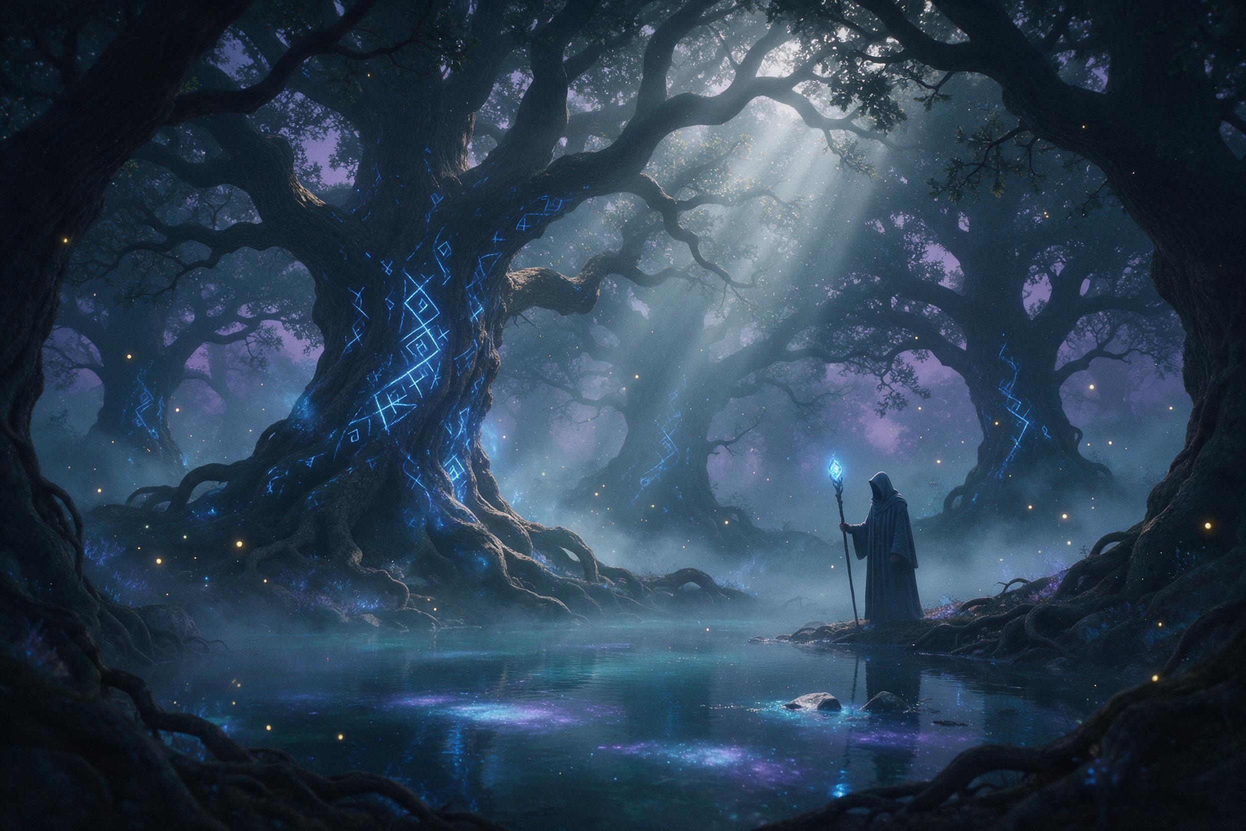 Misty twilight forest, colossal ancient oak trees entwined with glowing blue runes, a lone hooded figure with a staff by a bioluminescent pond, fireflies and floating motes, soft fog, deep teal and purple palette, cinematic volumetric light rays, slight grain adds ethereal atmosphere