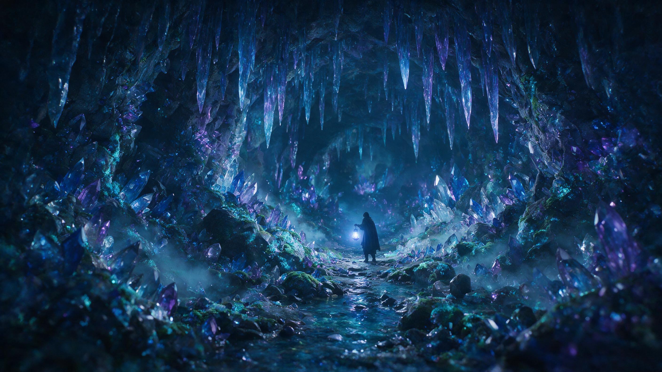 A glowing crystal cave deep underground, bioluminescent moss on jagged rocks, a lone figure in a cloak holding a lantern, soft blue and purple light, mist swirling, shallow depth of field, cinematic composition