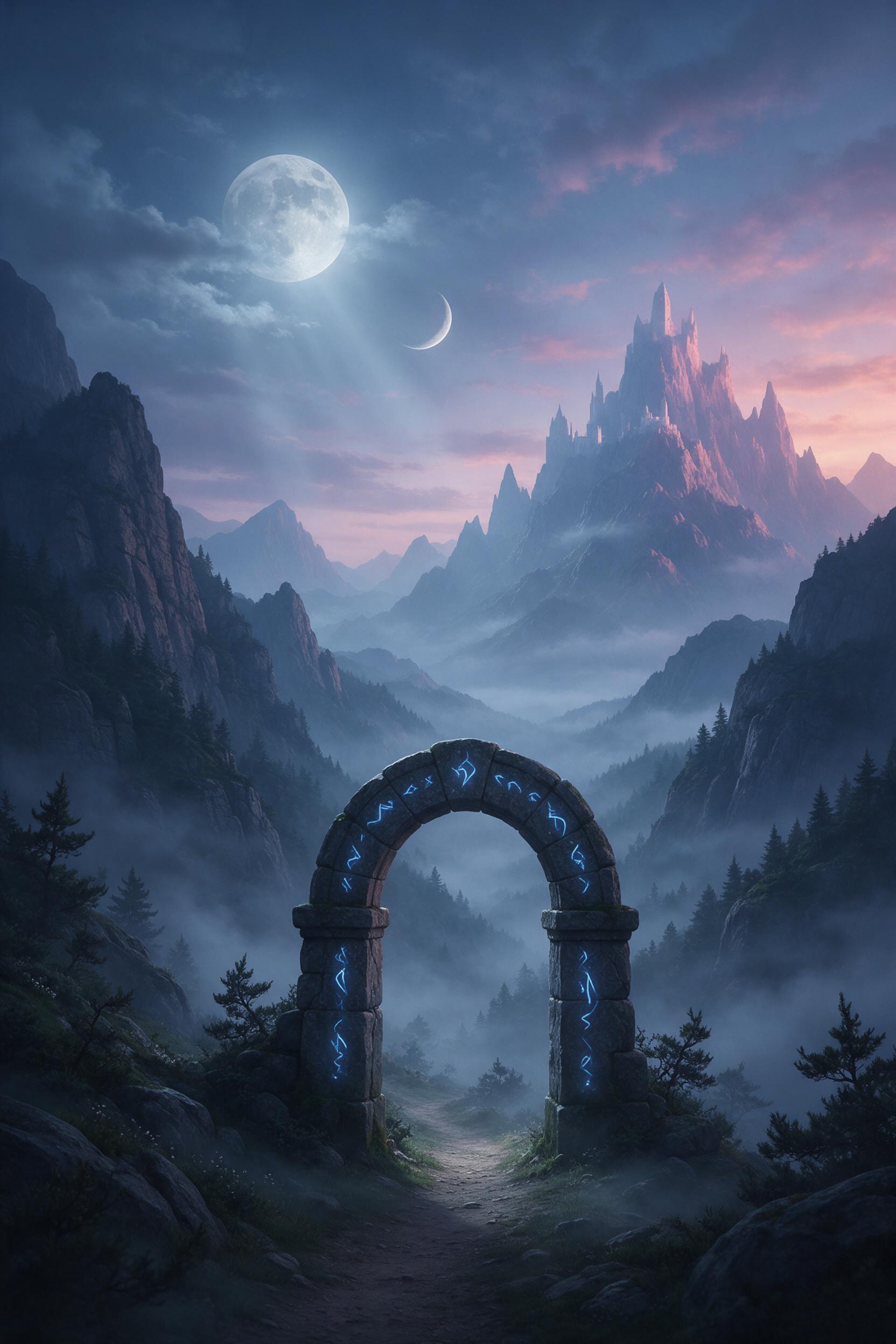 A lone stone archway stands in a misty valley, glowing faint blue runes along its edge. Two moons hang in a twilight sky, casting soft silver light through drifting clouds. A narrow dirt path weaves from the arch toward distant, spired mountains, their peaks catching the last pink glow of sunset. Fo