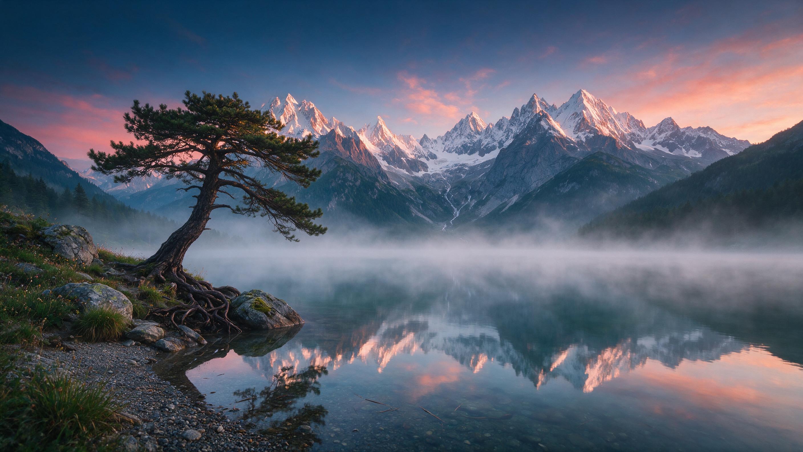 A misty alpine lake at dawn, mirror-calm surface reflecting jagged peaks and a soft gradient sky from deep indigo to warm coral. A lone pine leans over the water on the left, its needles catching golden light. Gentle fog drifts across the surface, diffusing the reflection. Composition: centered lake