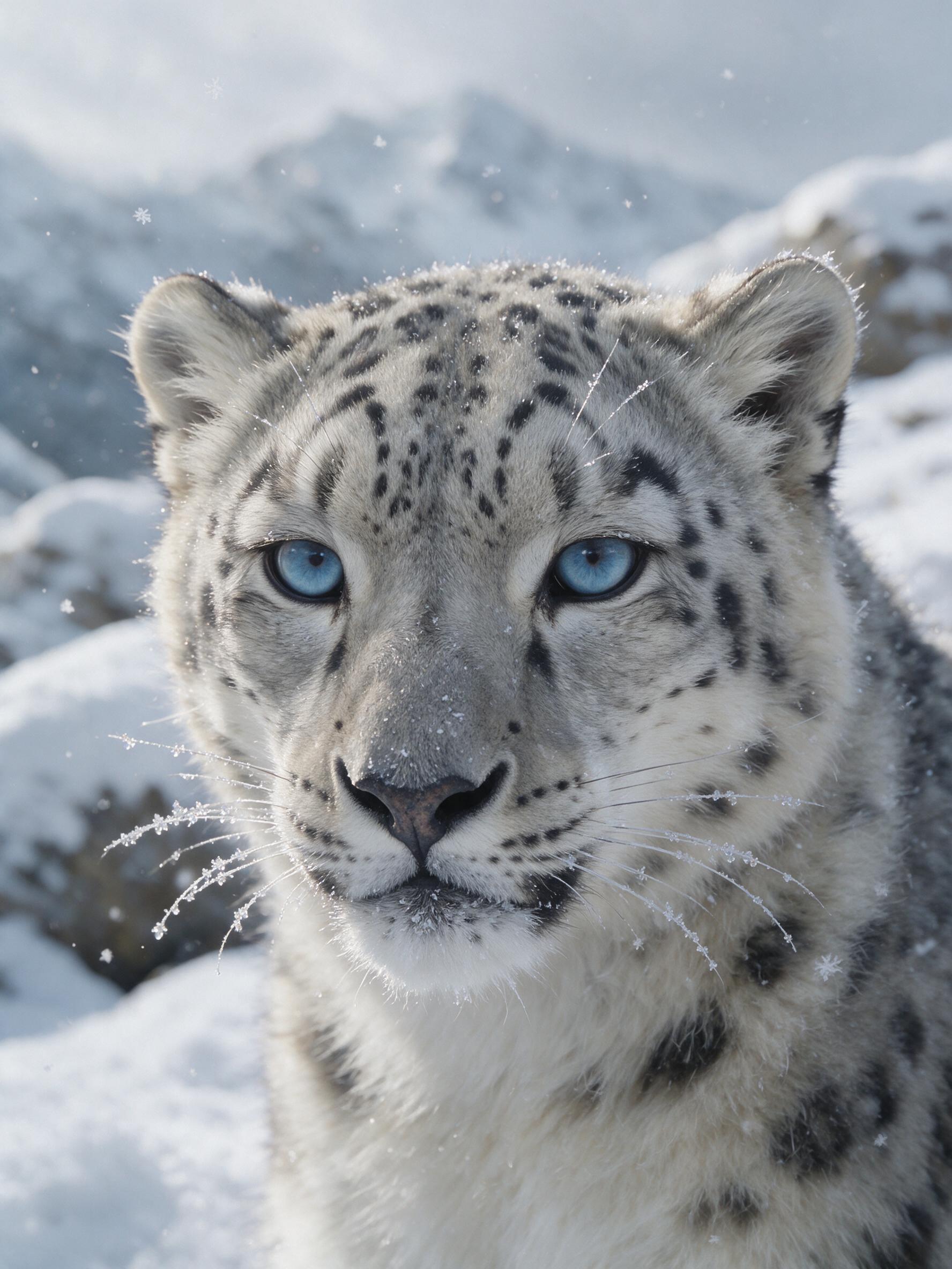 A close-up of a snow leopard's face, blue eyes, frost on its whiskers, soft natural side lighting from a gray sky, slight snow falling, shallow depth of field, fur texture visible, gentle snow-covered rocks in background, no harsh shadows, calm atmosphere.