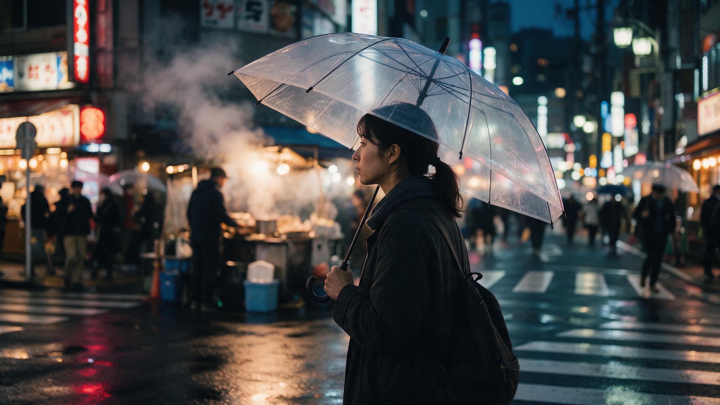 A rainy evening at a bustling Tokyo street corner, neon signs reflecting on wet asphalt, a lone woman with a transparent umbrella waiting to cross, steam rising from a nearby food stall, shallow depth of field focusing on her profile, soft bokeh lights in the background, cinematic color grading with