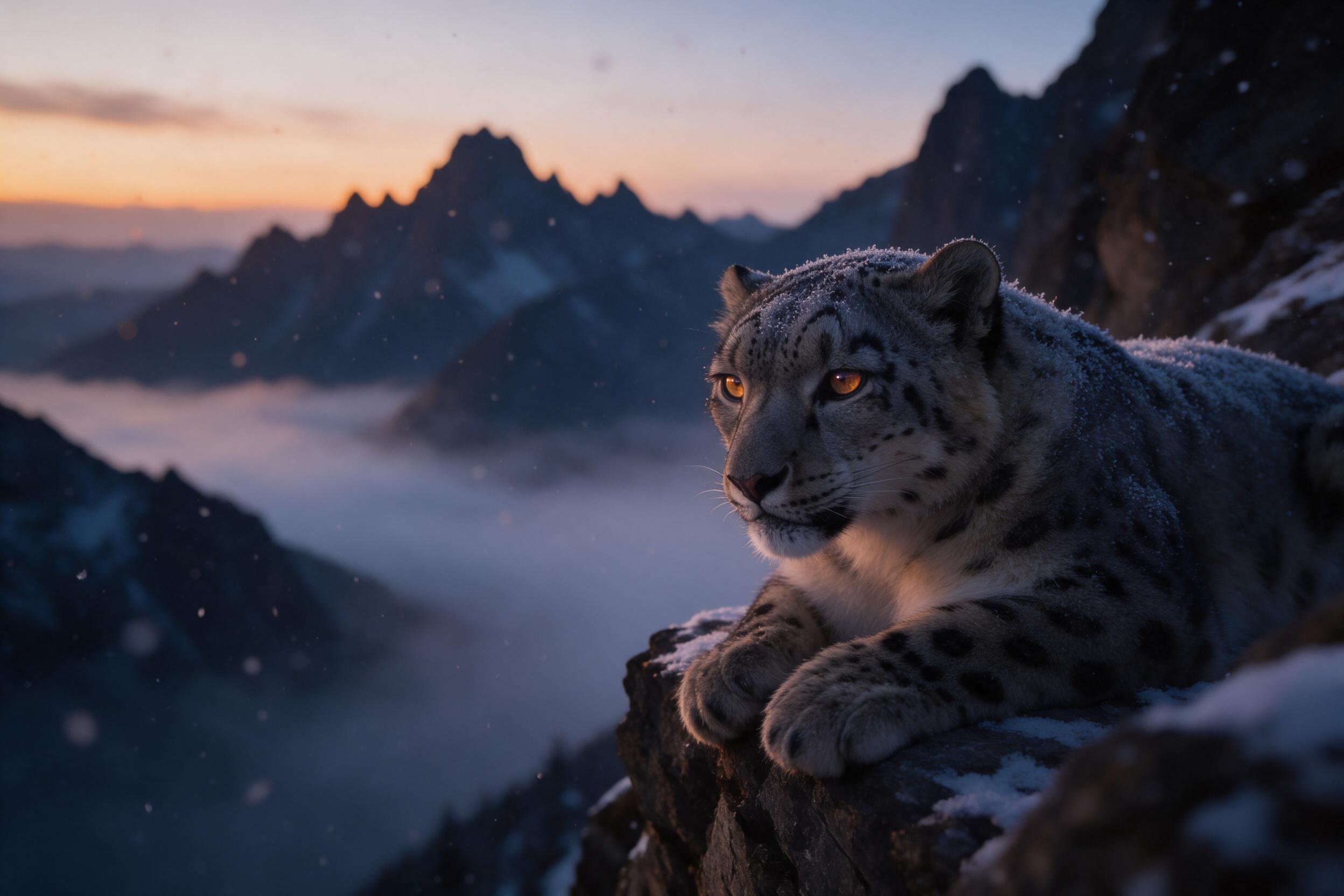 A snow leopard rests on a cliff ledge at dusk, its fur dusted with frost, eyes reflecting the last amber light. Soft mist fills the valley below, with jagged peaks fading into deep blue shadow. Shot with a 200mm telephoto lens, shallow depth of field, gentle bokeh on the falling snow. Natural, unpos