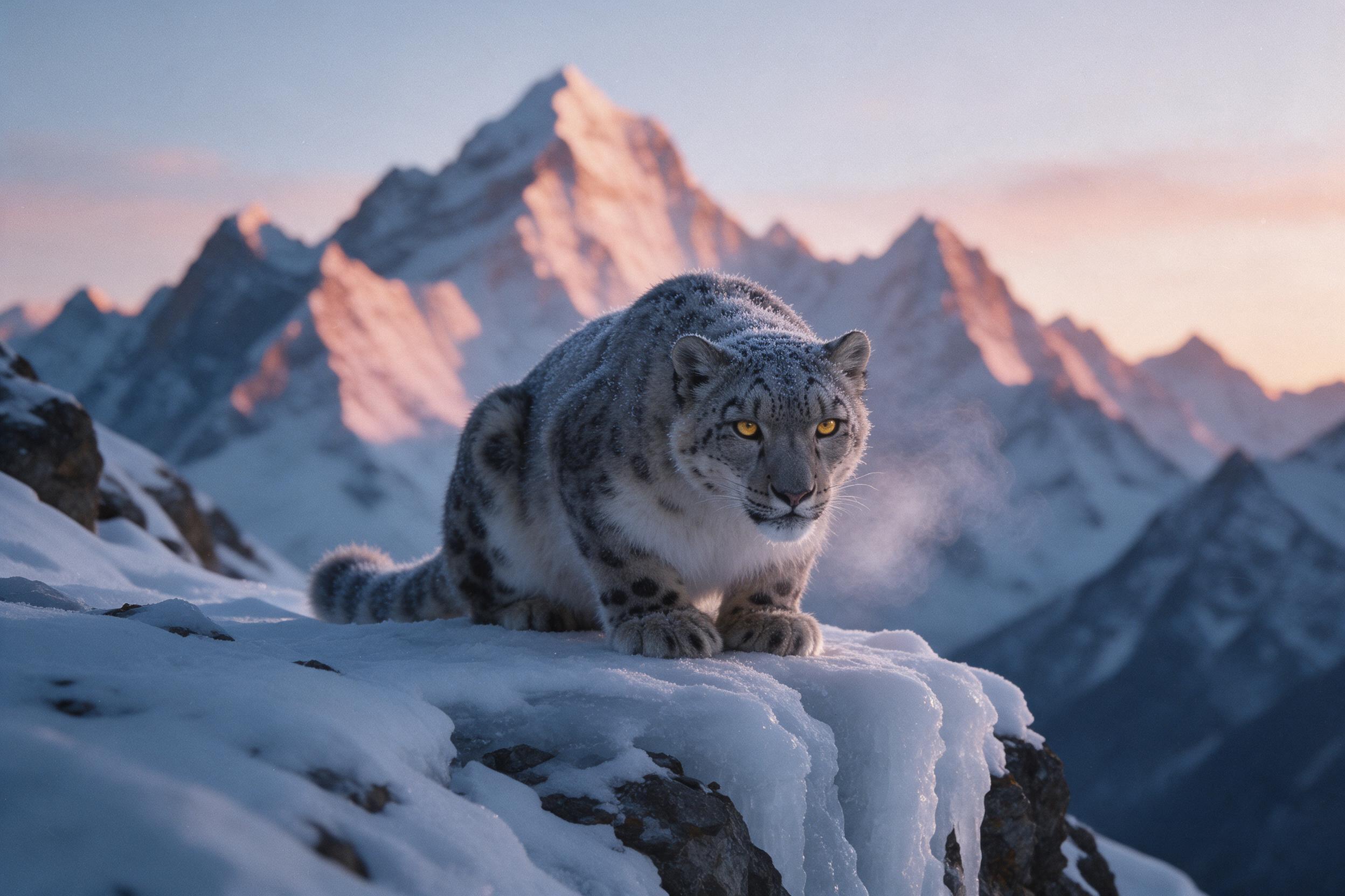 A snow leopard crouches on a rocky Himalayan outcrop at dawn, its fur dusted with frost, golden eyes fixed forward. Soft pink-orange light rakes across jagged peaks, casting long blue shadows. Mist trails from its breath. Shot with a 200mm lens, shallow depth of field, subtle grain, frozen snow clin
