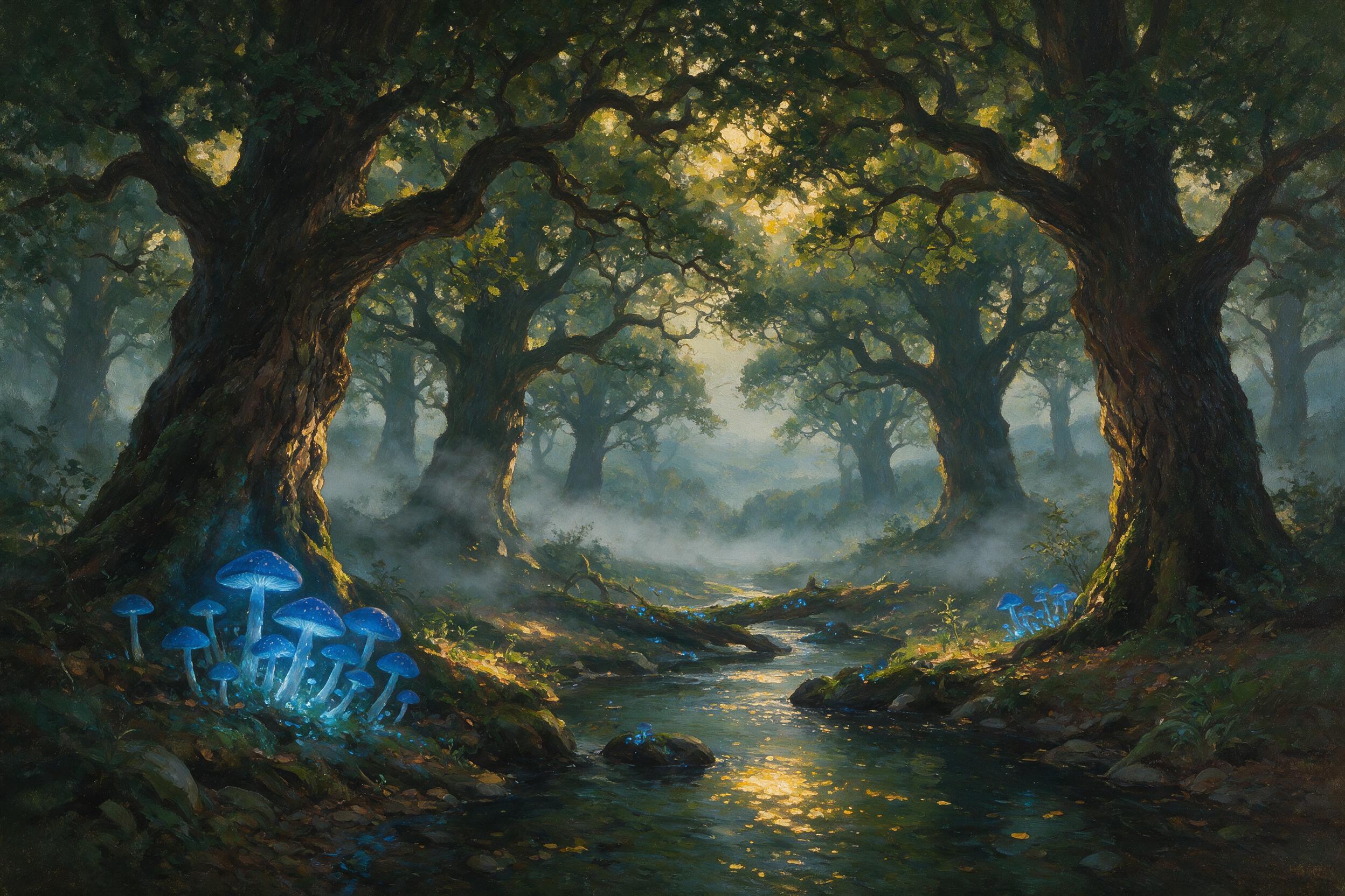 A mystical forest with glowing blue mushrooms, soft mist swirling around ancient oak trees, a gentle stream reflecting ethereal light, dappled sunlight filtering through thick canopy, subtle fog, peaceful atmosphere, oil painting style with soft brushstrokes