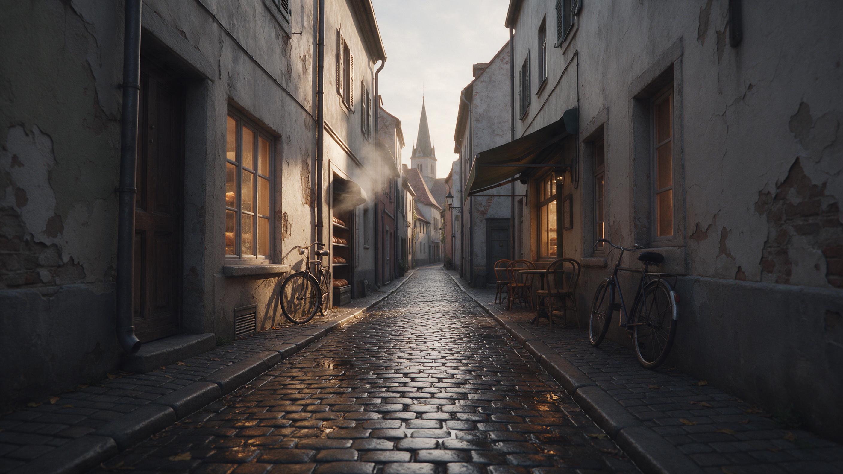 A narrow European alley at golden hour, wet cobblestones reflecting warm window light, a bicycle leaning against peeling plaster wall, a café awning casting soft shade, distant church spire, gentle steam from a bakery vent, natural muted colors, cinematic composition with leading lines.