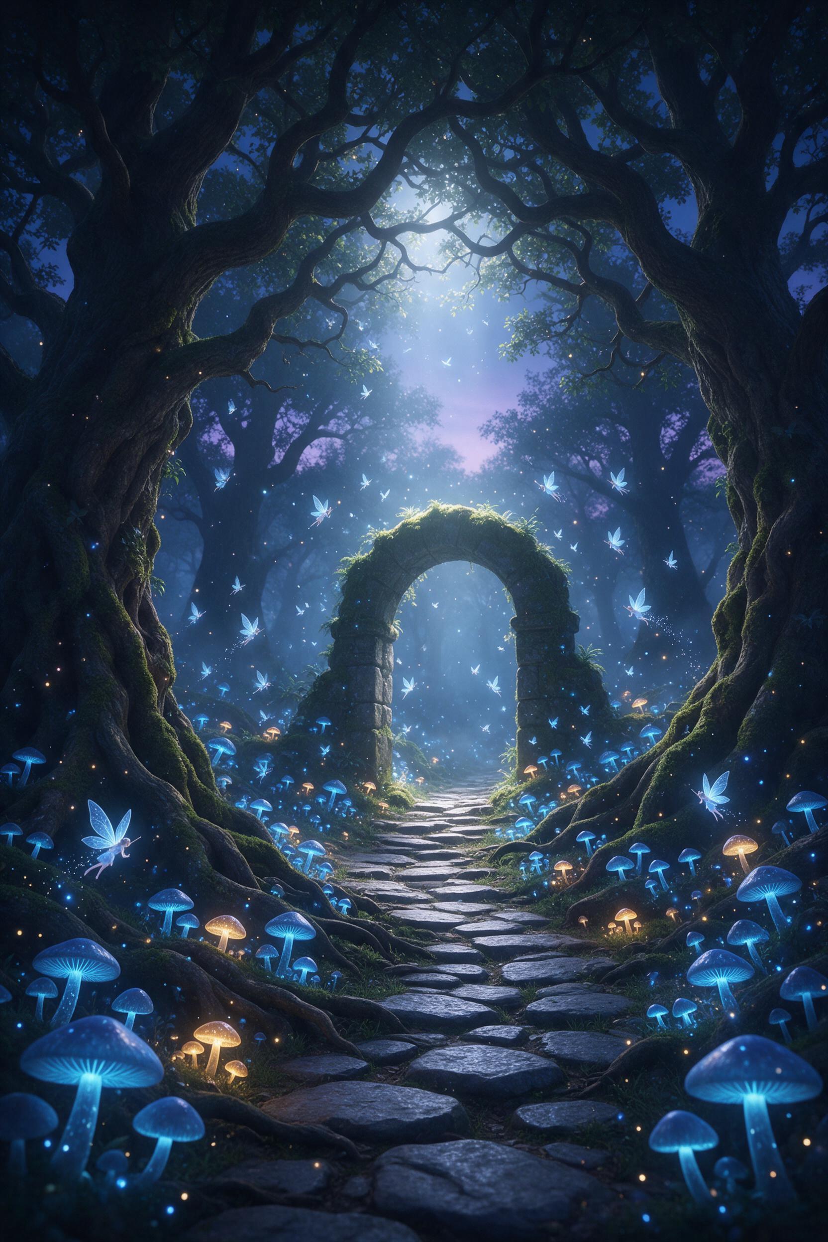 A misty enchanted forest at twilight, glowing blue mushrooms lining a winding stone path, ancient tree roots intertwining with gnarled branches, soft ethereal light filtering through canopy, tiny fairies with translucent wings fluttering near a moss-covered archway, magical dust shimmering in the ai