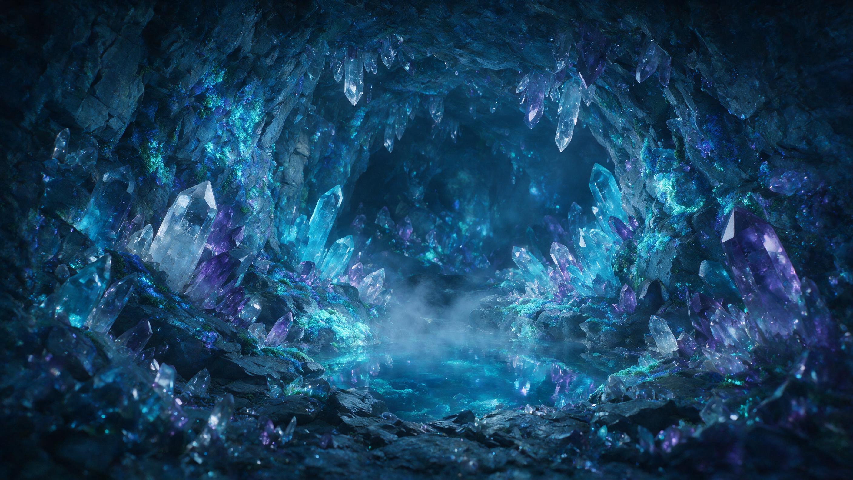 A glowing crystal cave deep underground, bioluminescent moss covering rocky walls, a small clear pool reflecting soft blue and purple light, ethereal mist rising from the water, subtle fog, natural ambient glow, wide angle composition, realistic texture on crystals, no people or artificial light sou