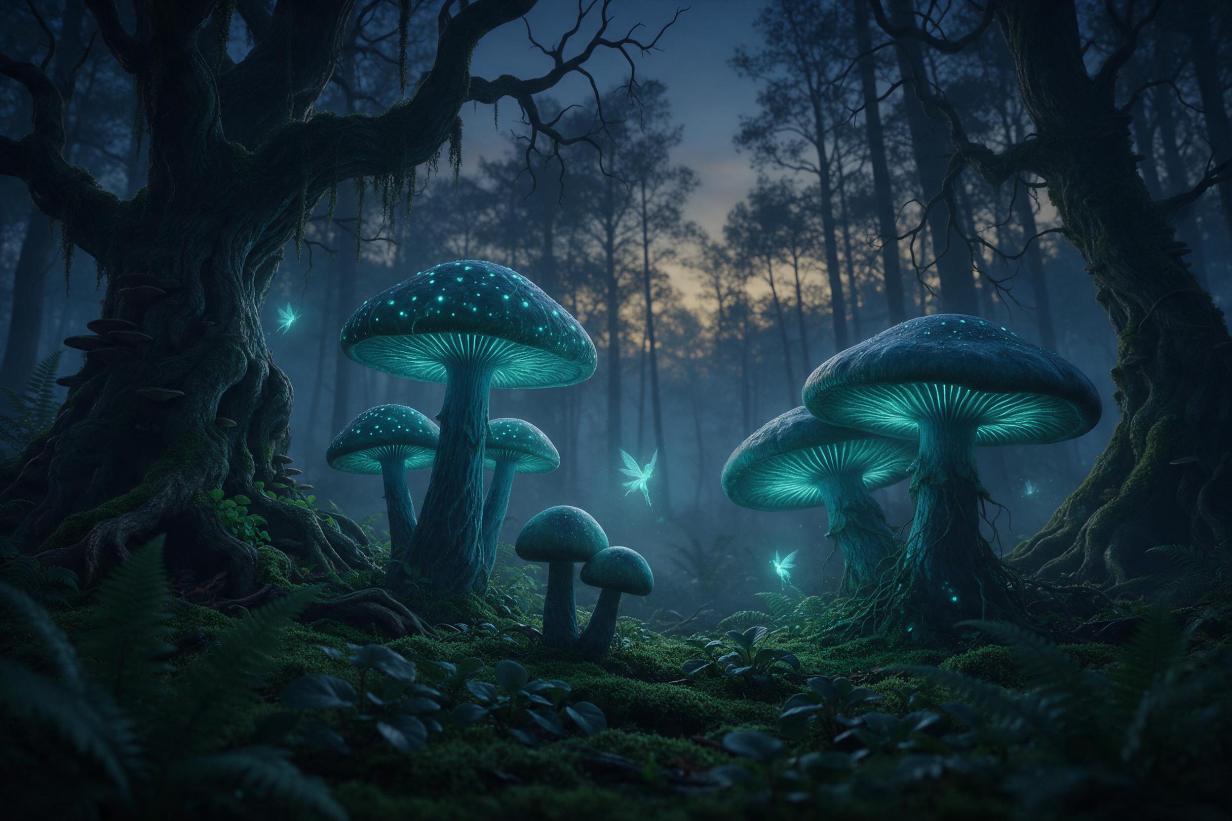 A misty forest clearing at twilight, giant luminous mushrooms with teal glow, ancient twisted trees draped in moss, small glowing sprites flitting between ferns, soft blue ambient light, deep shadows, slight haze, cinematic composition from ground level
