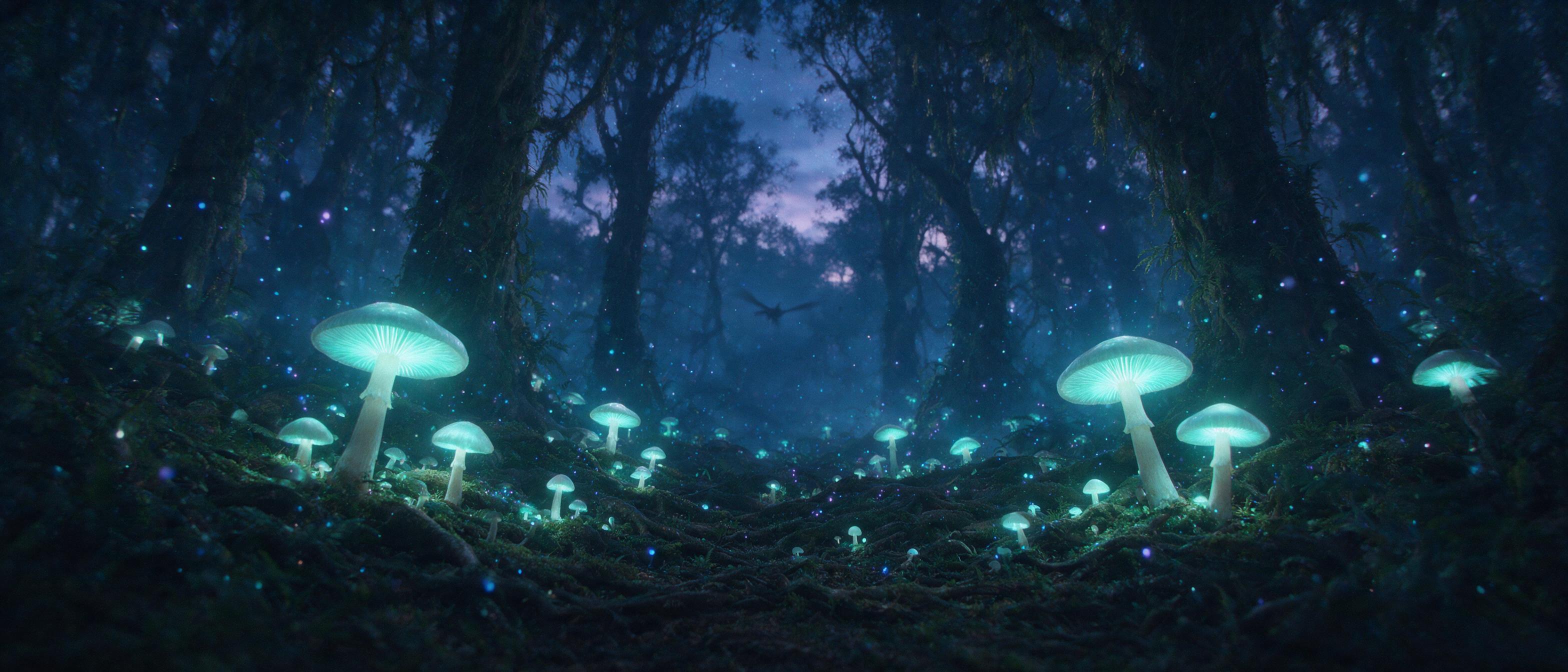 A luminous glowing mushroom forest at twilight, soft blue and purple bioluminescent spores floating in the air, tangled roots and mossy ground, a single winged silhouette in the distance, dreamy haze, cinematic lighting with shallow depth of field, slight grain, mysterious atmosphere