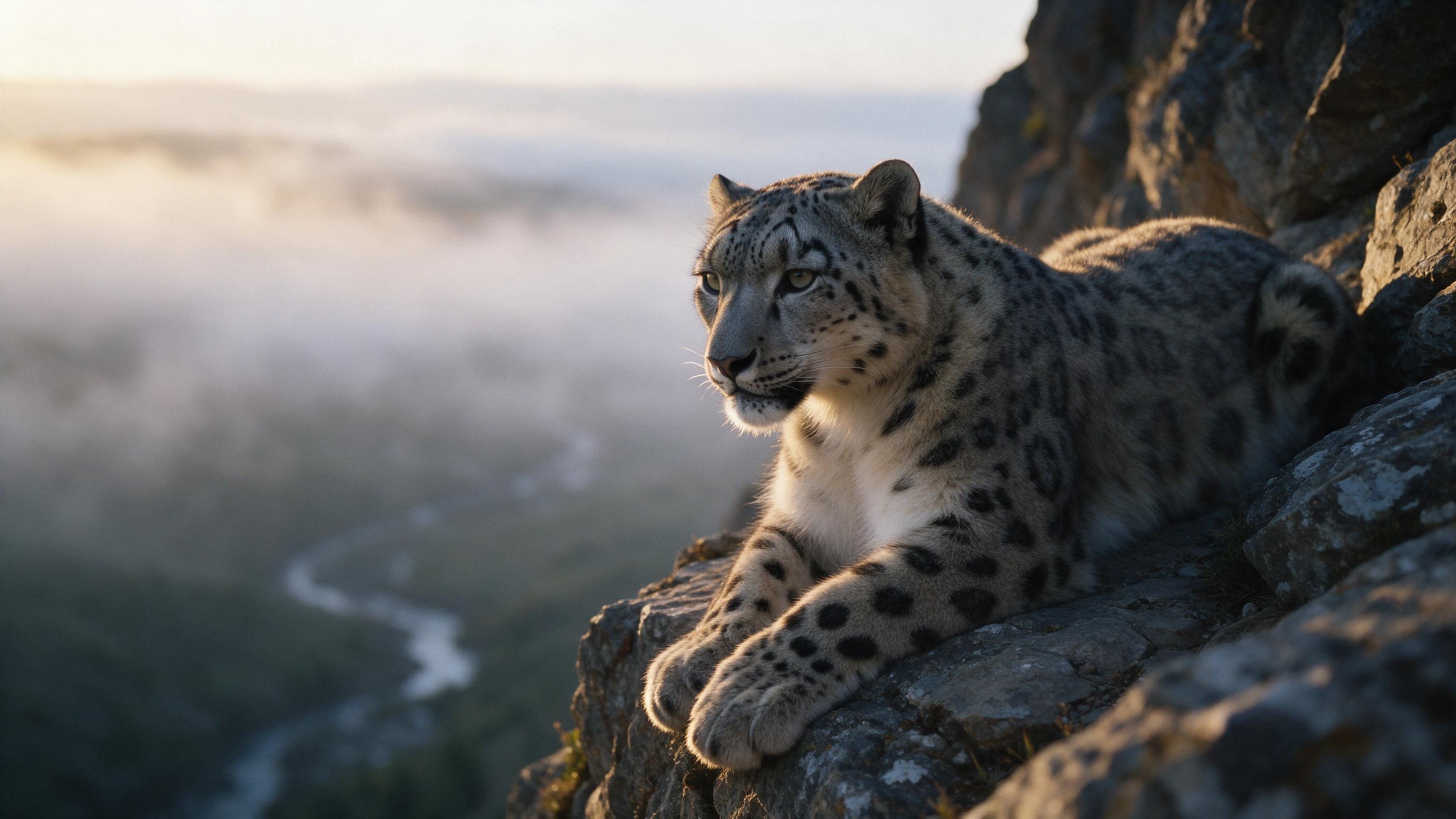 A snow leopard rests on a rocky cliff at dawn, its spotted fur catching golden light, misty valley below, soft bokeh background, natural colors, slight grain for texture, tranquil atmosphere.