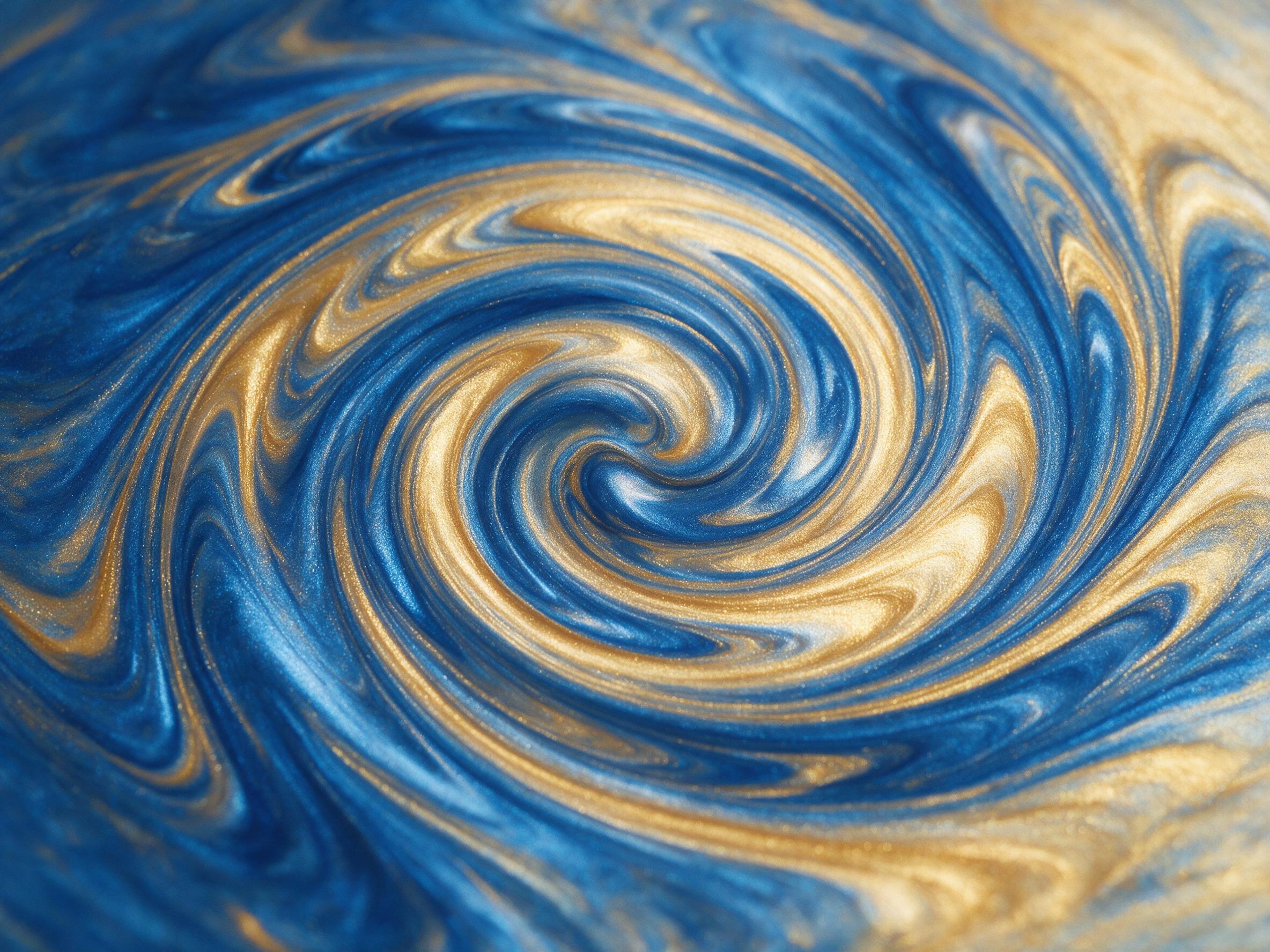 A swirling vortex of iridescent metallic blue and gold paint, merging into a fluid marble texture. Soft, diffused natural light from above, creating delicate highlights. Minimalist composition, no sharp edges, no text. Subtle grain and shallow depth of field.