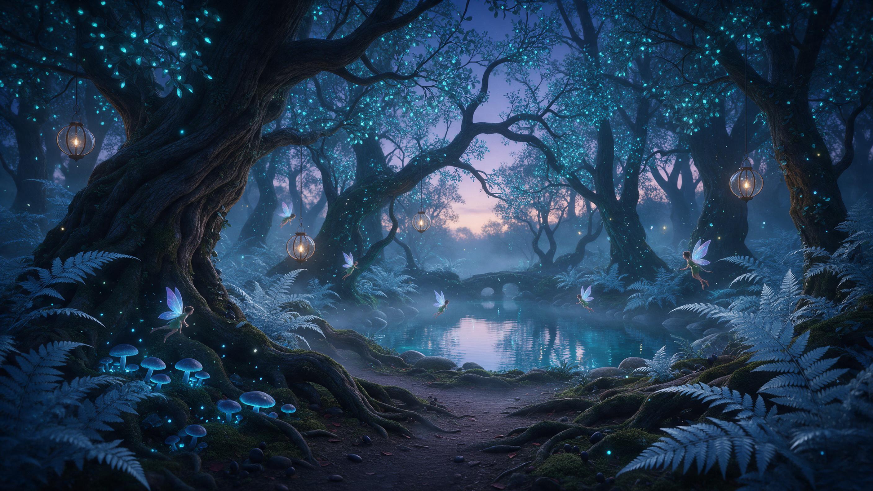 An ancient, bioluminescent forest at twilight, where towering, twisted trees emit soft blue and green light, moss-covered roots crawling with glowing spores, a misty path winding between silver-leaved ferns, tiny fairies with radiant wings flitting among floating lanterns, a crystal-clear pond refle