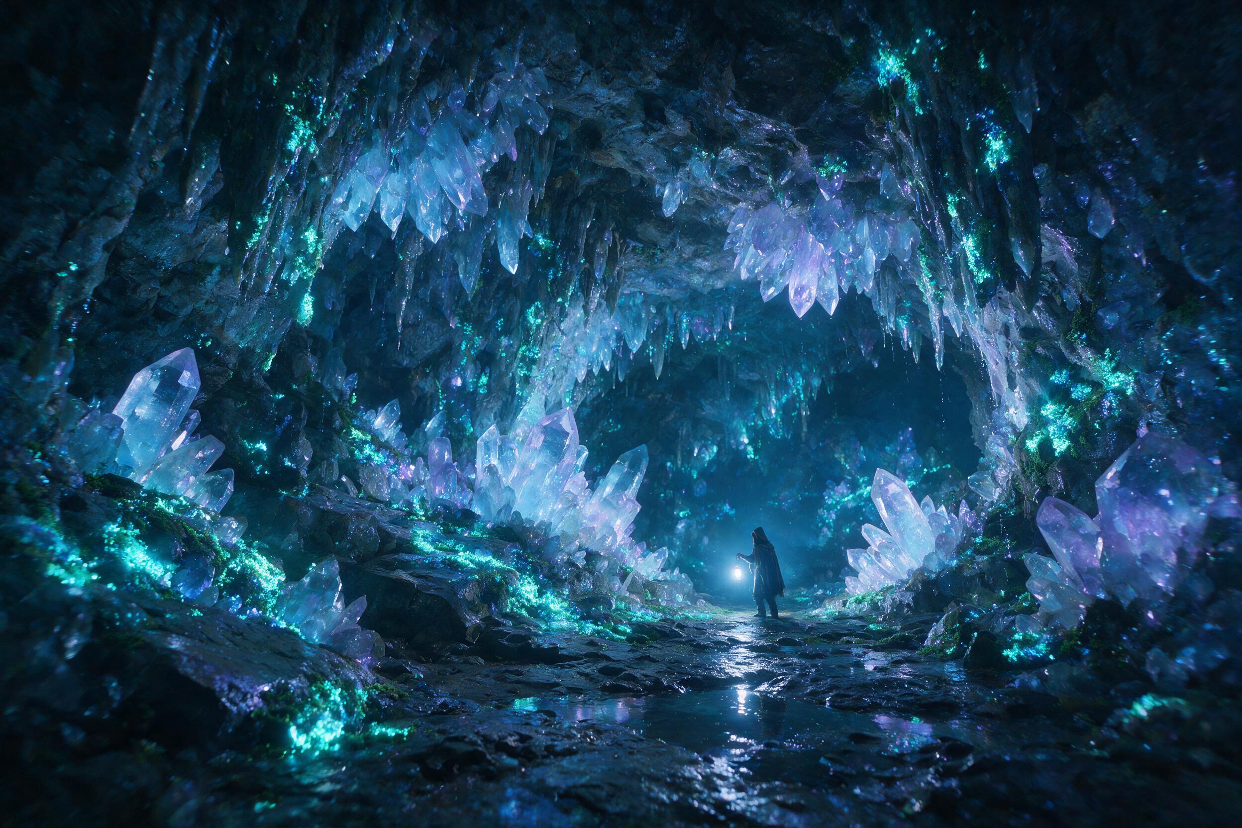 A glowing crystal cave deep underground, bioluminescent moss covering jagged rocks, a lone figure in a hooded cloak holding a lantern, soft blue and purple light reflections on wet stone walls, slight camera shake, natural lighting from glowing elements