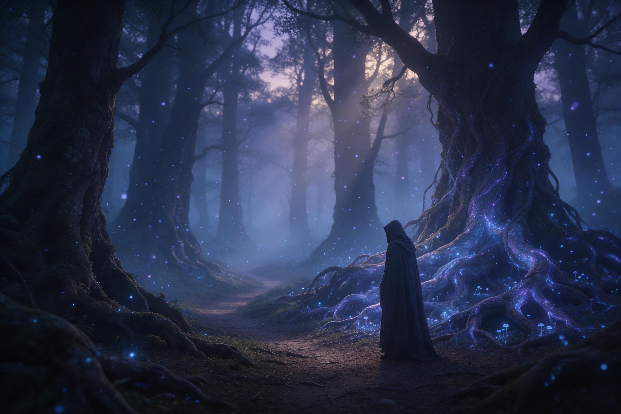 A misty ancient forest at dusk, where colossal bioluminescent roots weave through massive trees. Glowing spores float in the air, casting soft blue and violet light on a winding path. A lone figure in a cloak stands at the trail's edge. Composition with strong depth, fog patched with light shafts. S