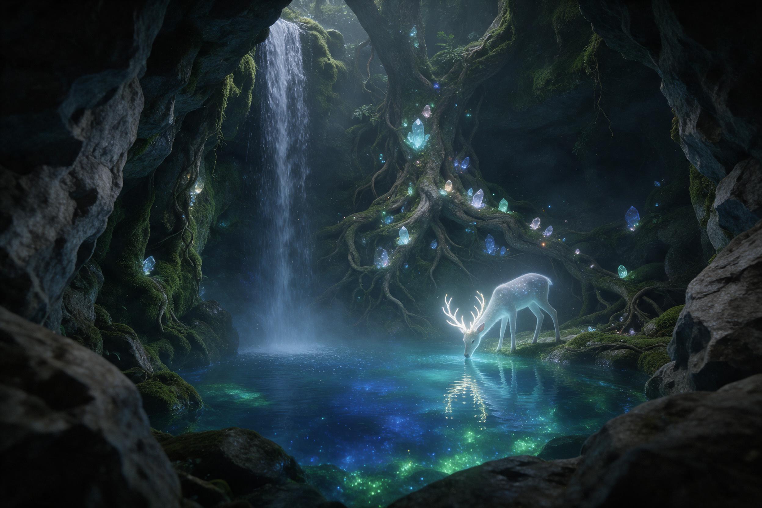 A hidden waterfall cascades into a bioluminescent pool within a mossy cavern, glowing blue and green. Ancient tree roots intertwine with glowing crystals, casting soft light. Mist hangs in the air, a lone ethereal deer with glowing antlers drinks from the water. Composition: wide angle, rocks framin