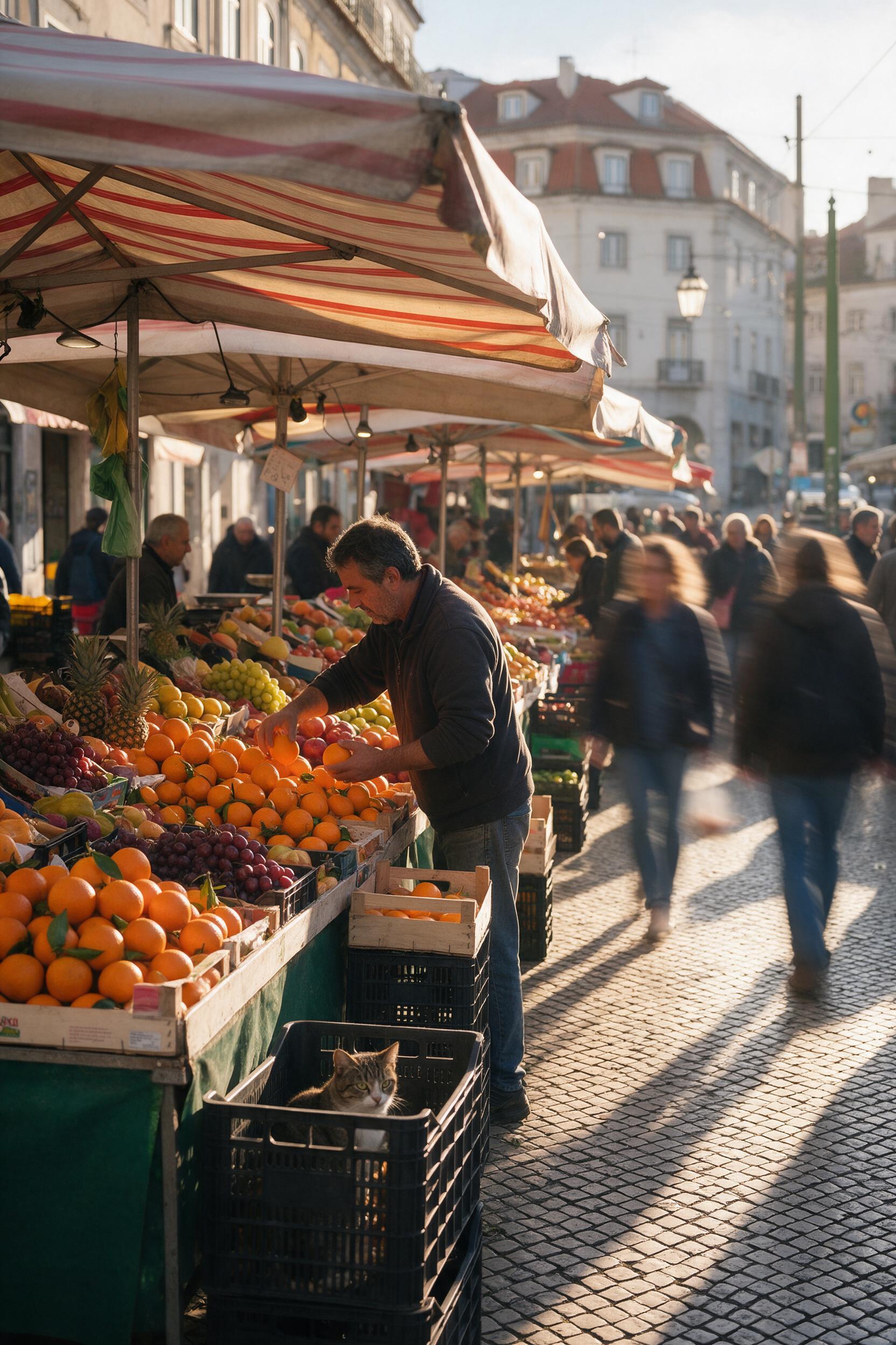 A bustling morning street market in Lisbon, colorful fruit stalls under striped awnings, golden sunlight casting long shadows on cobblestones, a vendor arranging oranges, blurred pedestrians with motion blur, a stray cat peeking from a crate, warm tones, shallow depth of field, natural light, 35mm f