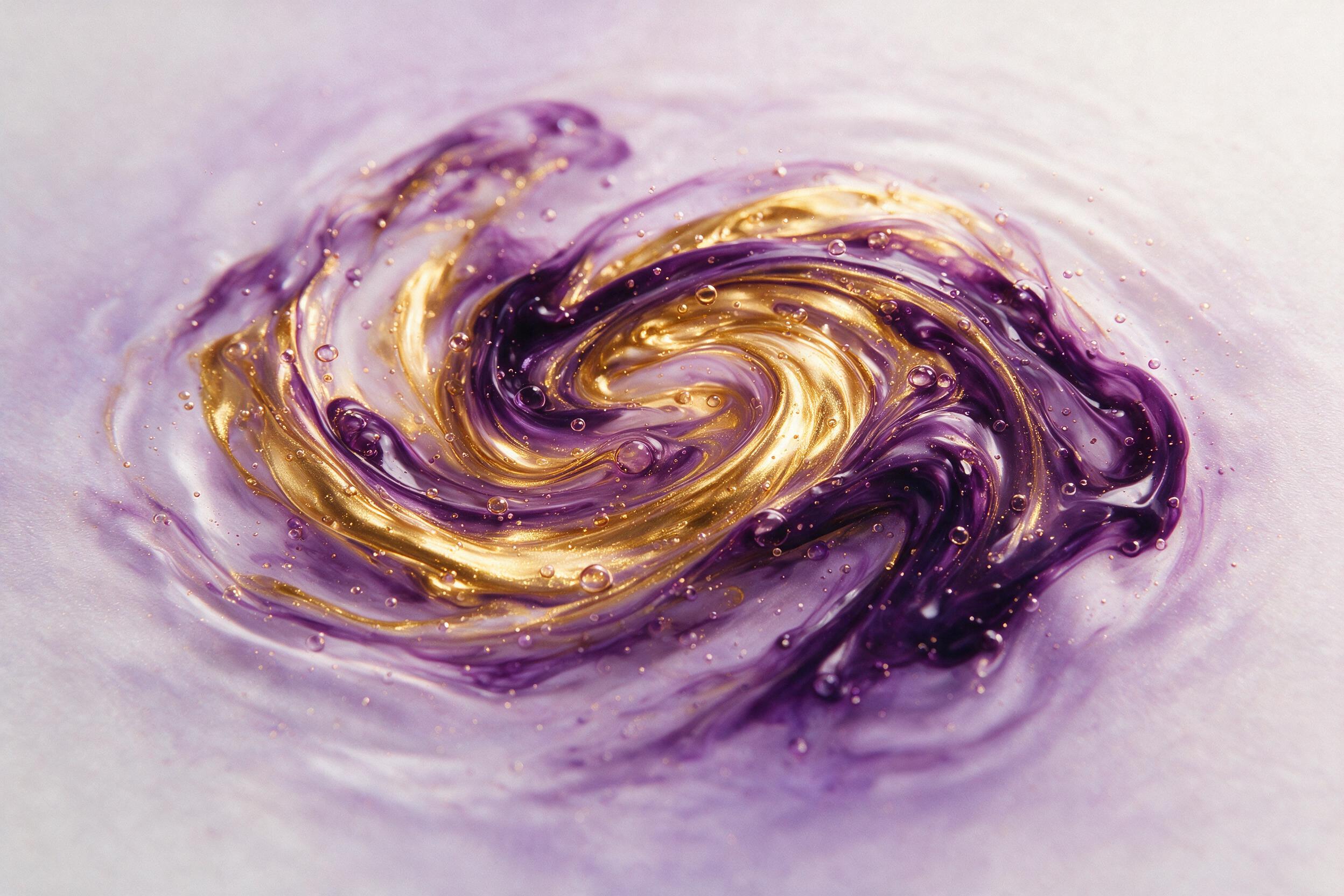 A swirling vortex of molten gold and deep violet ink, fluid dynamic shapes with bubbles and ripples, soft gradient background, natural grain texture, subtle light reflections on the glossy surface, minimalist composition with negative space, slight camera shake for artistic blur.