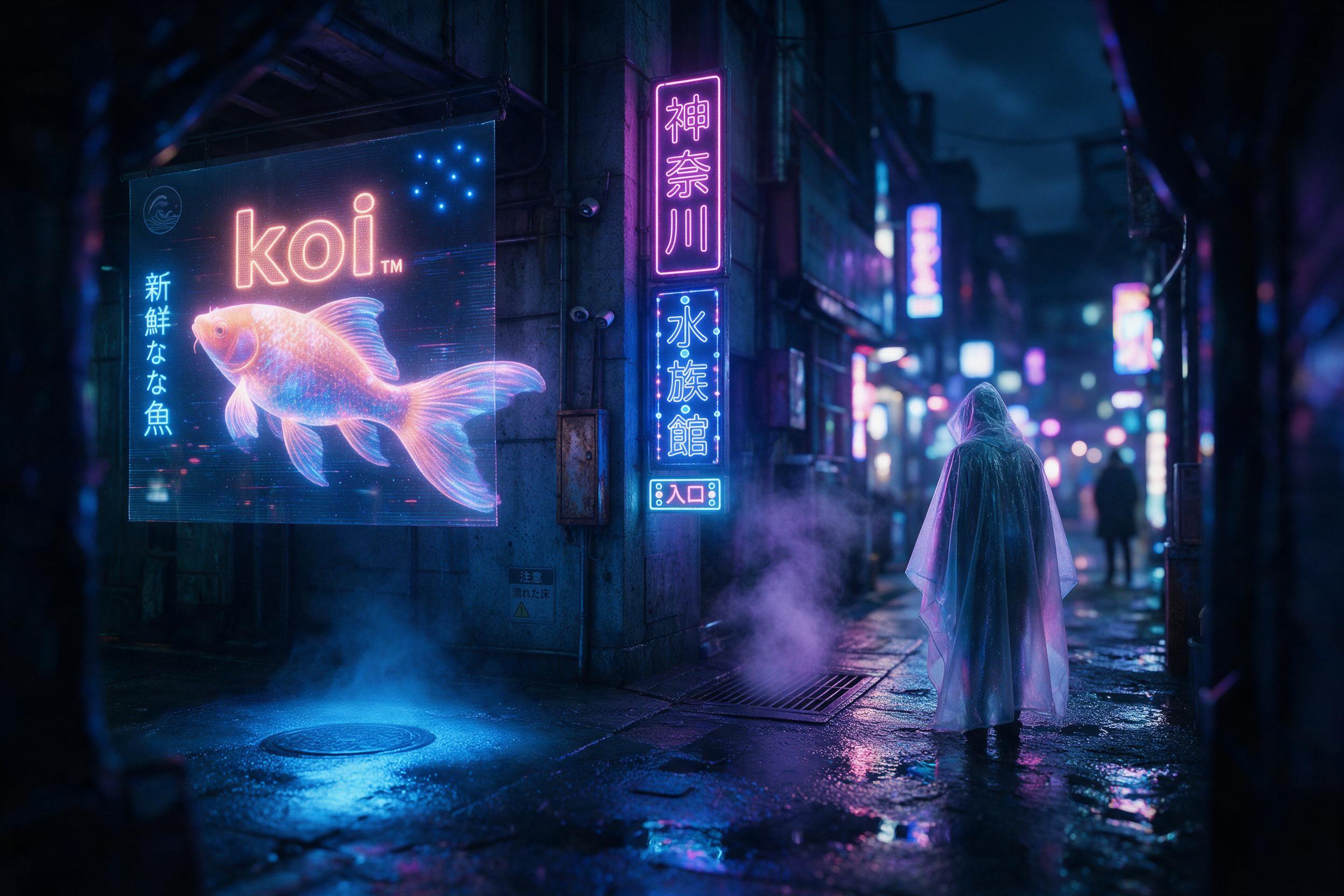 A rain-slicked cyberpunk alley at night, neon signs reflecting in puddles, a lone figure in a translucent poncho under a flickering holographic koi fish advertisement, steam rising from a grate, shallow depth of field, cool blues and magenta highlights, cinematic composition