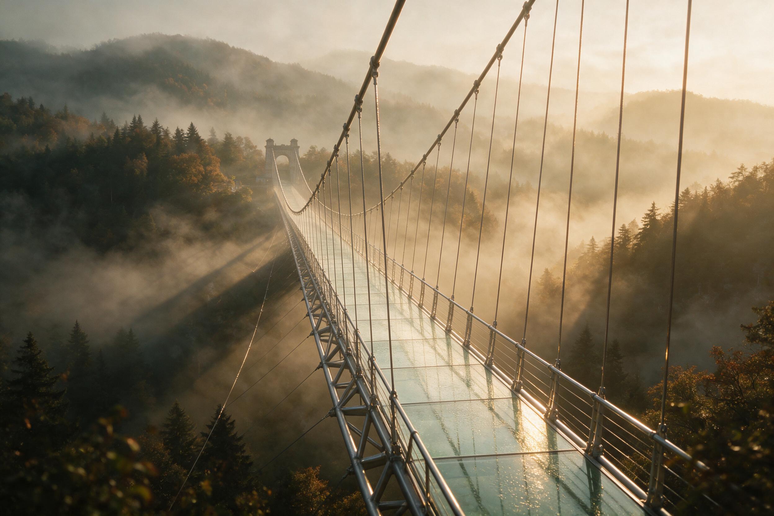 Wide-angle shot of a modern glass bridge suspended over a misty canyon, golden hour sunlight piercing through fog, long shadows cast below, steel cables gleaming, subtle reflection on the glass, natural lighting with soft haze, slight camera blur for depth.