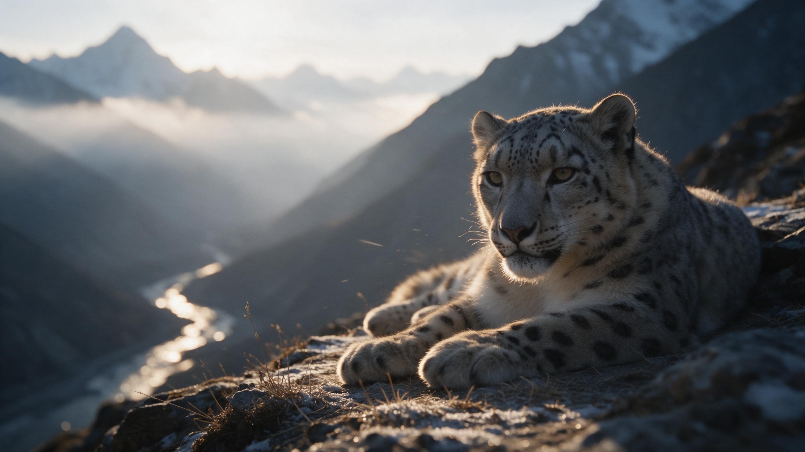 A solitary snow leopard rests on a windswept Himalayan ledge at dawn, its pale fur catching the first golden light. Distant peaks fade into mist, a river glints below. Natural light, shallow focus on the leopard's face, slight grain, minimal motion blur.