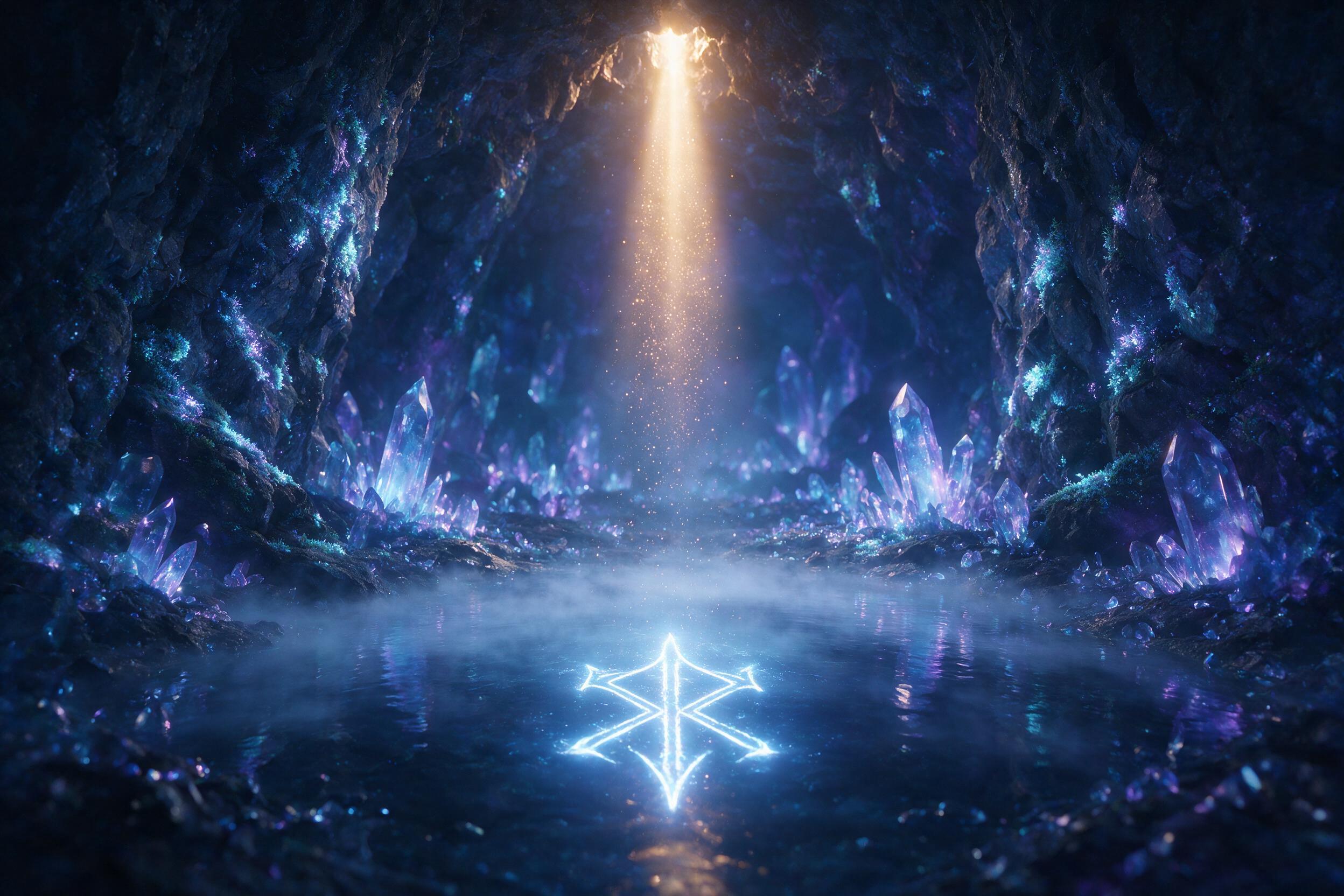 A glowing crystal cavern deep underground, bioluminescent moss clinging to jagged rock walls, a single stream of golden light piercing from a crack above, dust motes dancing in the beam, ethereal blue and purple hues, soft mist rising from a still pool, reflection of an ancient rune on the water sur