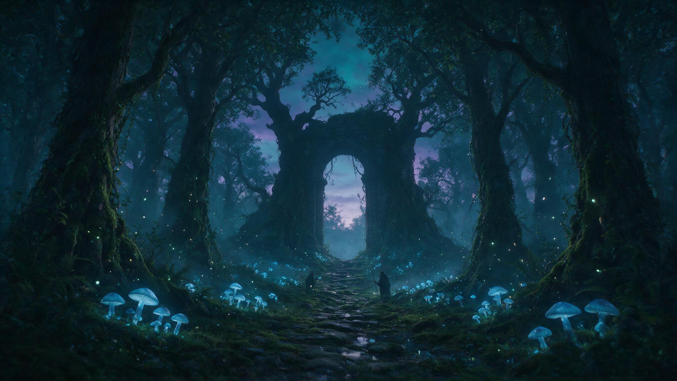 A misty ancient forest at dusk, where faintly glowing blue mushrooms line a mossy path leading to a silhouetted stone arch. Fireflies drift like embers, casting a soft ethereal shimmer on the damp air. A lone cloaked figure pauses, staff in hand, gazing at the arch. Deep teal and violet palette, pai