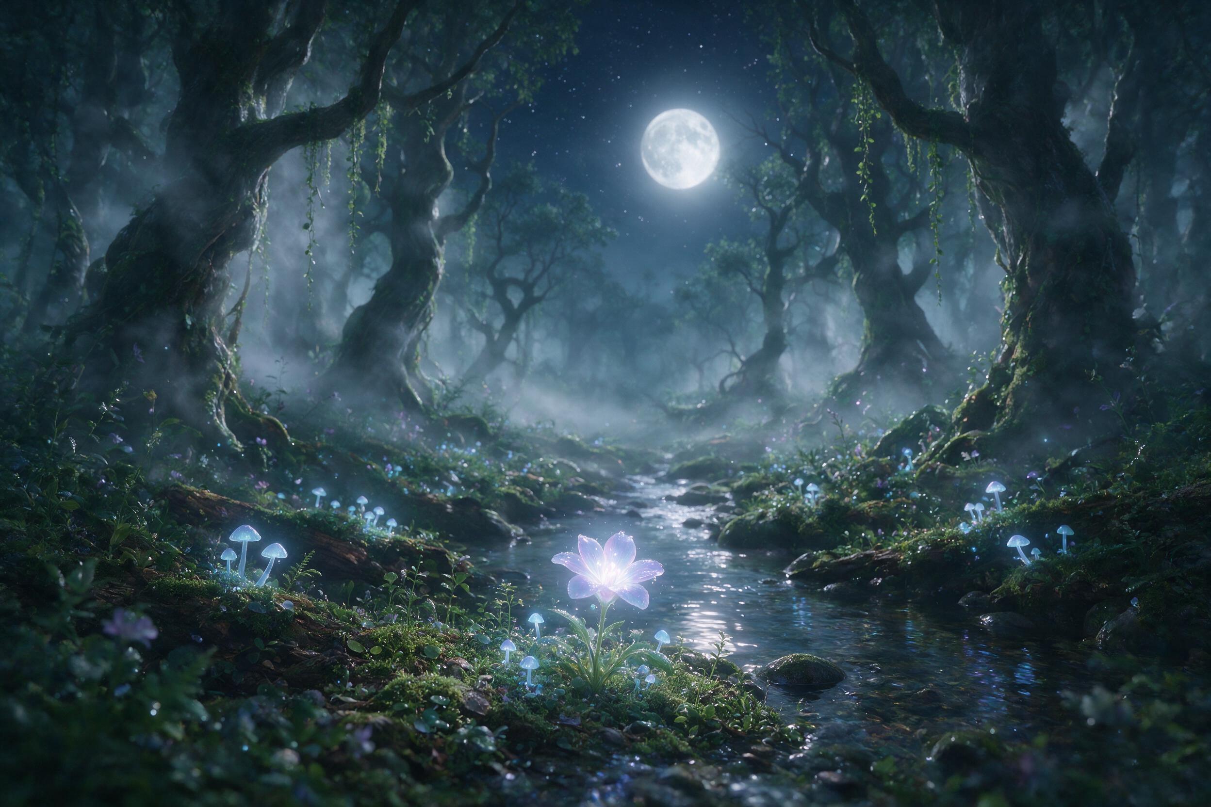 An ethereal moonlit forest with glowing mushrooms casting soft blue light, ancient twisted trees wrapped in silver mist, a small crystal-clear stream reflecting starry sky, dreamy atmosphere with gentle fog, muted green and purple tones, shallow depth of field focusing on a luminous flower