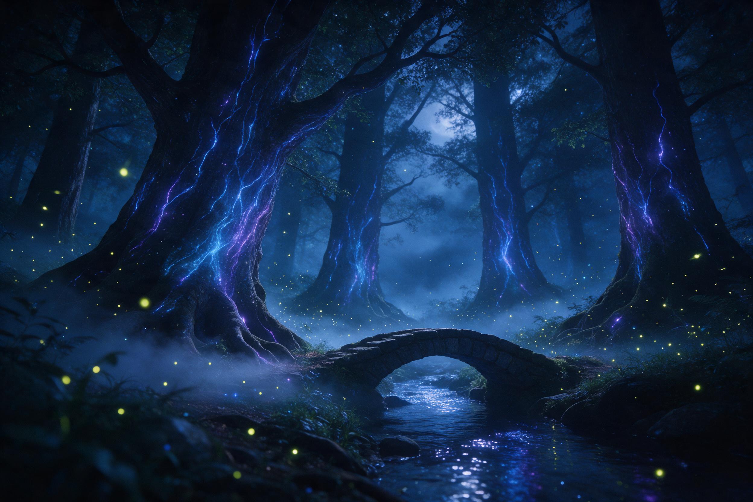 A bioluminescent forest at midnight, ancient towering trees with glowing blue and violet veins, a small stone bridge arched over a shimmering creek, fireflies drifting like living stars, soft mist curling around roots, moonlit fog, dreamy and serene, slight grain for atmosphere