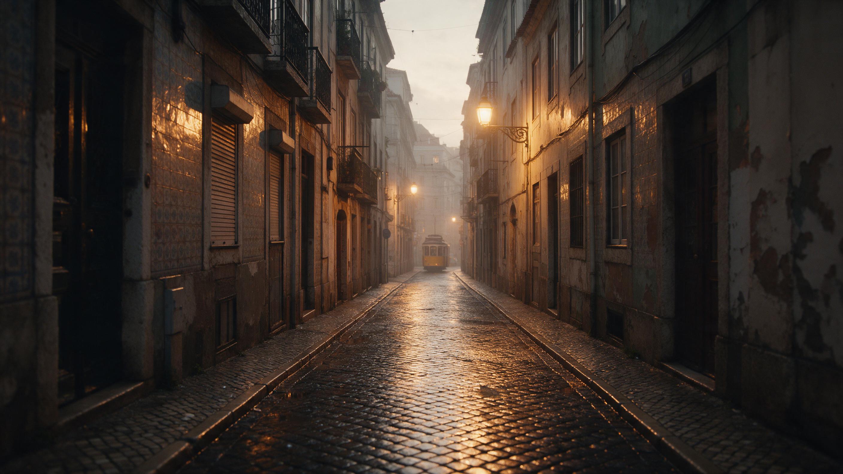 A quiet rain-soaked narrow street in Lisbon at dusk, wet cobblestones reflecting warm golden streetlights and a distant yellow tram, old tiled building facades with peeling paint, soft haze in the air, gentle reflections on the pavement, shallow depth of field, natural evening light, no people, cine