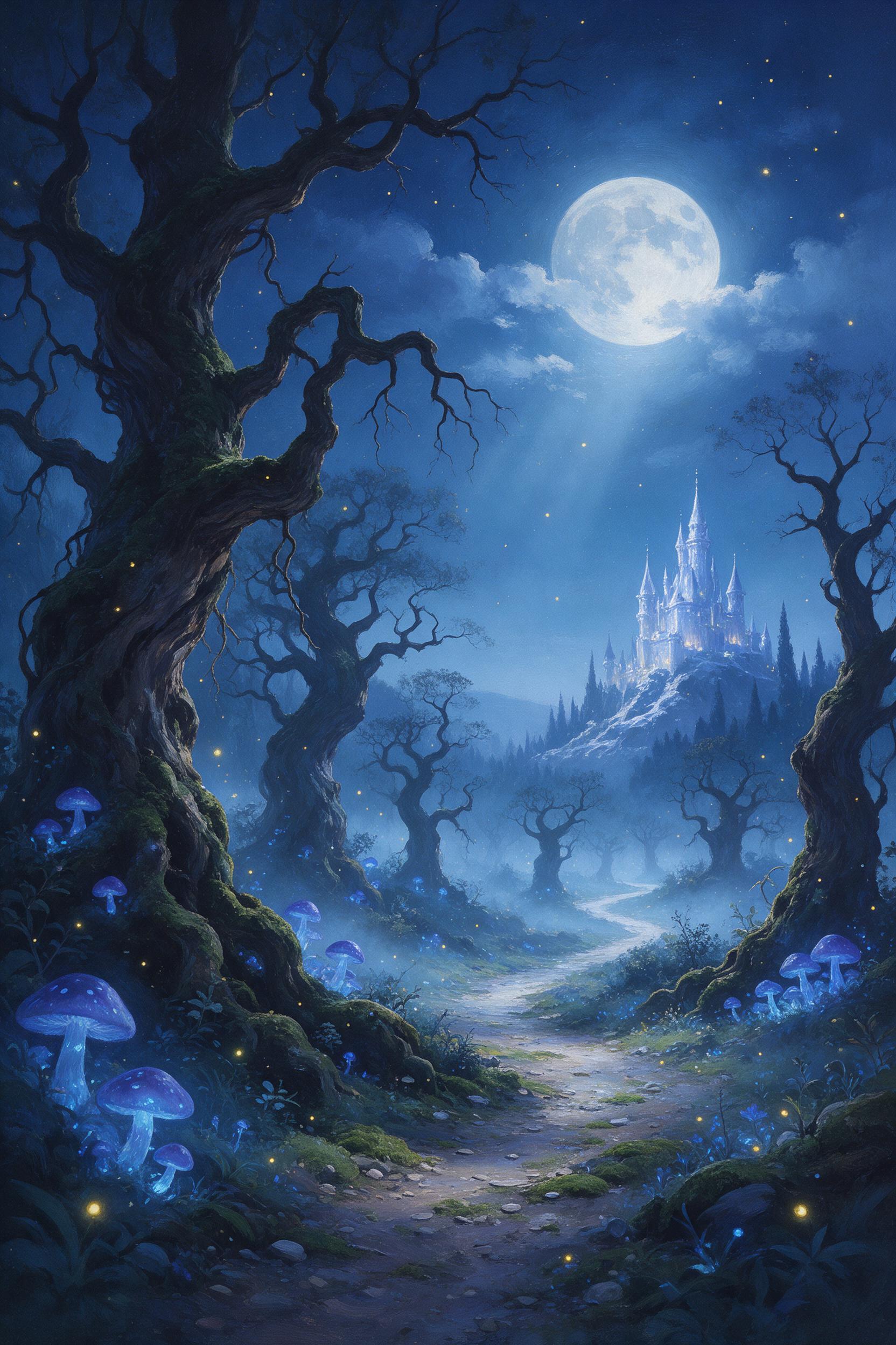 A moonlit enchanted forest, ancient twisted trees with glowing blue mushrooms, a misty path leading to a shimmering castle silhouette, fireflies in the air, cool ethereal lighting, soft depth of field, painterly brushstrokes, serene and magical mood