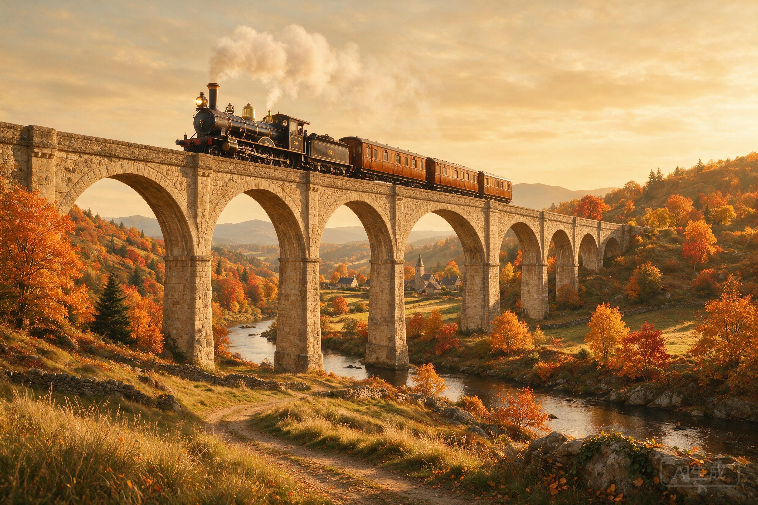 Vintage steam train crossing a scenic viaduct, autumn foliage, rolling hills, nostalgic atmosphere, golden light