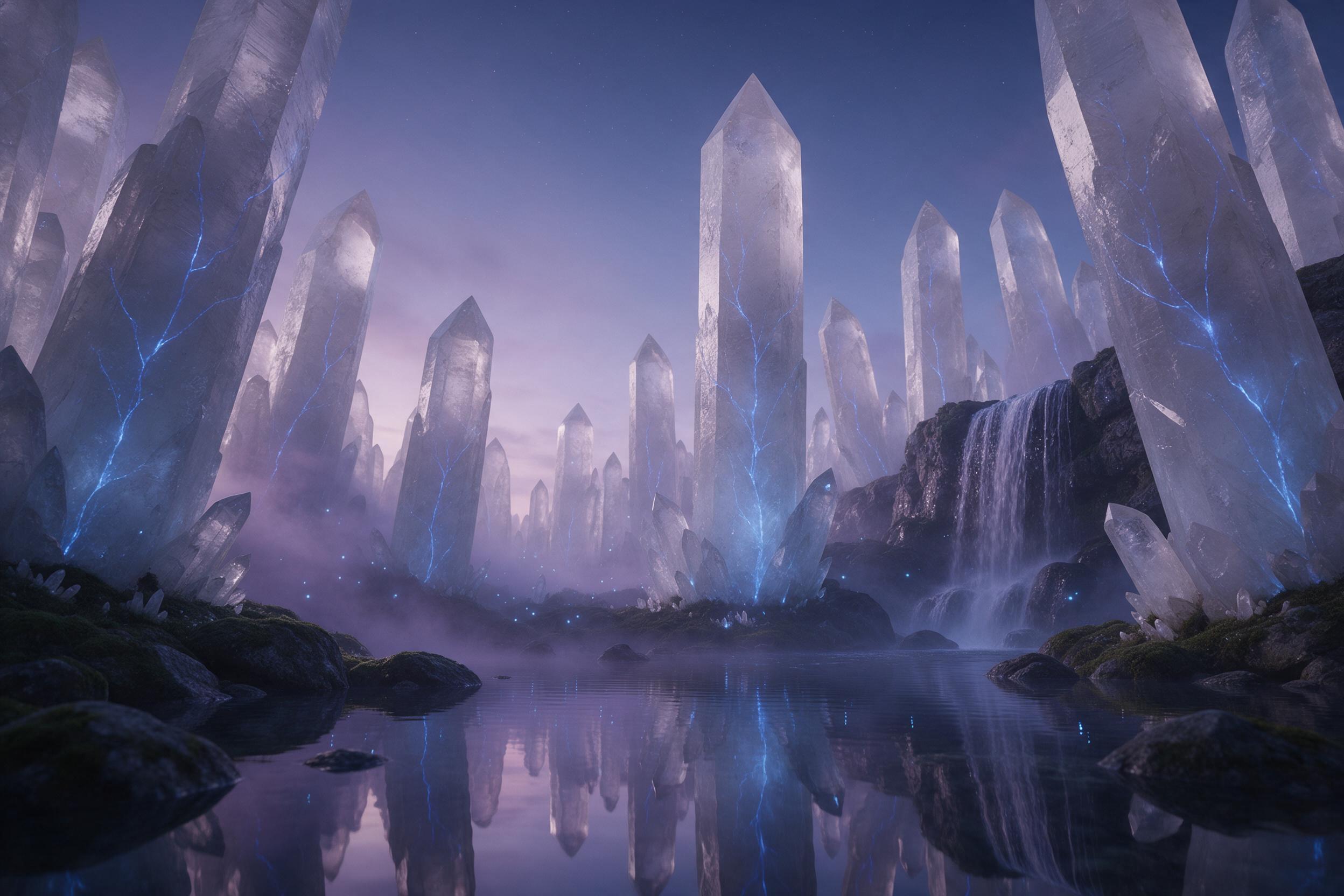 A glowing crystal forest at twilight, giant quartz trees with bioluminescent blue veins, soft purple mist swirling on the ground, fireflies drifting between trunks, gentle waterfalls cascading into a mirror lake, low camera angle looking up, reflection of stars, muted color palette