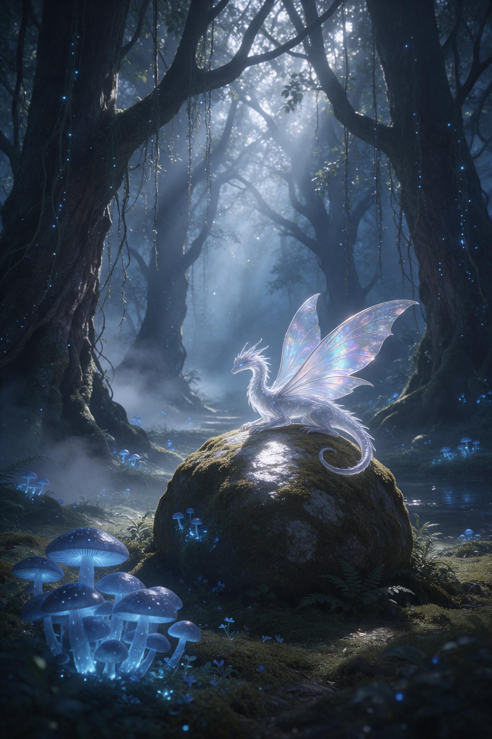 A misty twilight forest where glowing blue mushrooms and hanging vines emit soft bioluminescence, a small translucent dragon with iridescent wings rests on a moss-covered stone, gentle fog swirls between ancient trees, shafts of silver moonlight pierce the canopy, creating a dreamy, ethereal atmosph