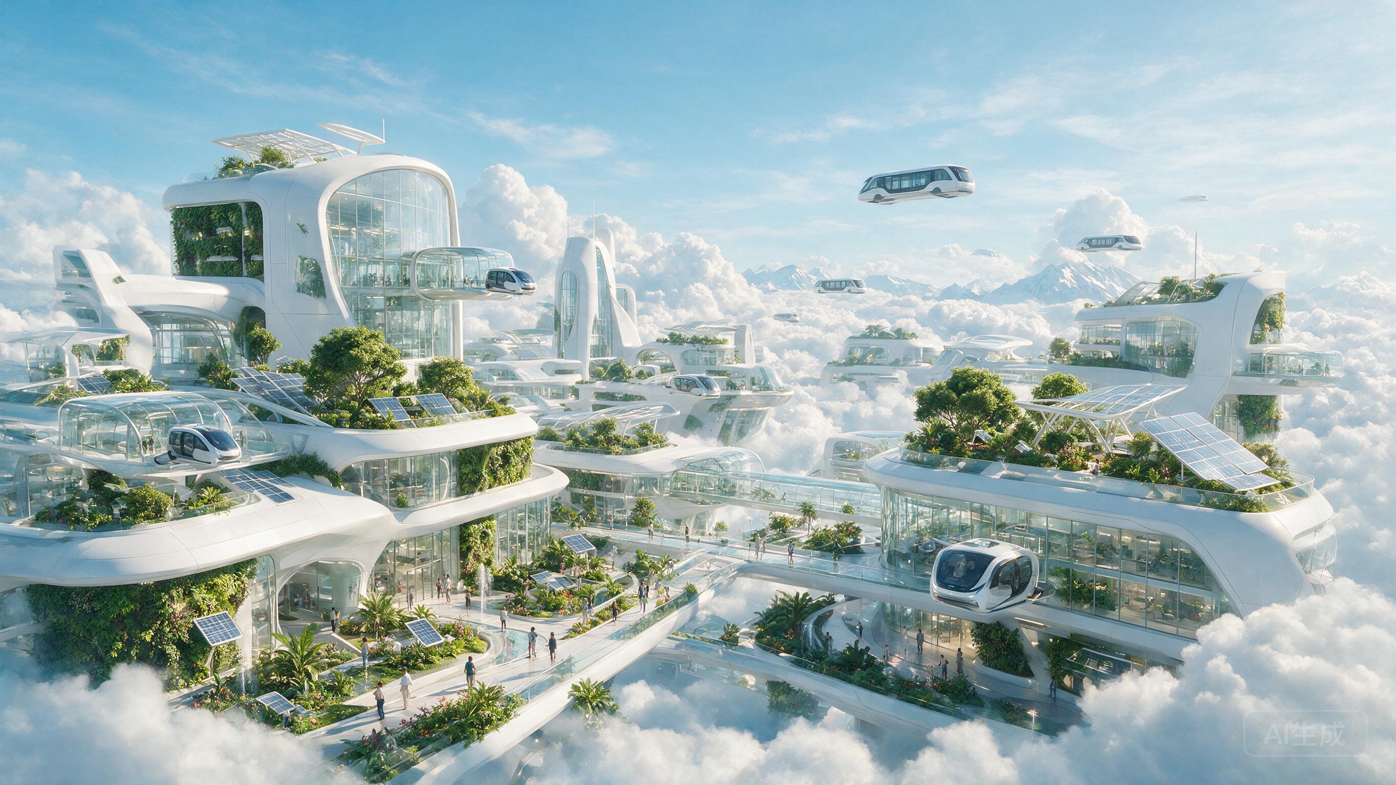 High-tech sustainable city floating on clouds, white and green architecture, flying vehicles, clean futuristic design