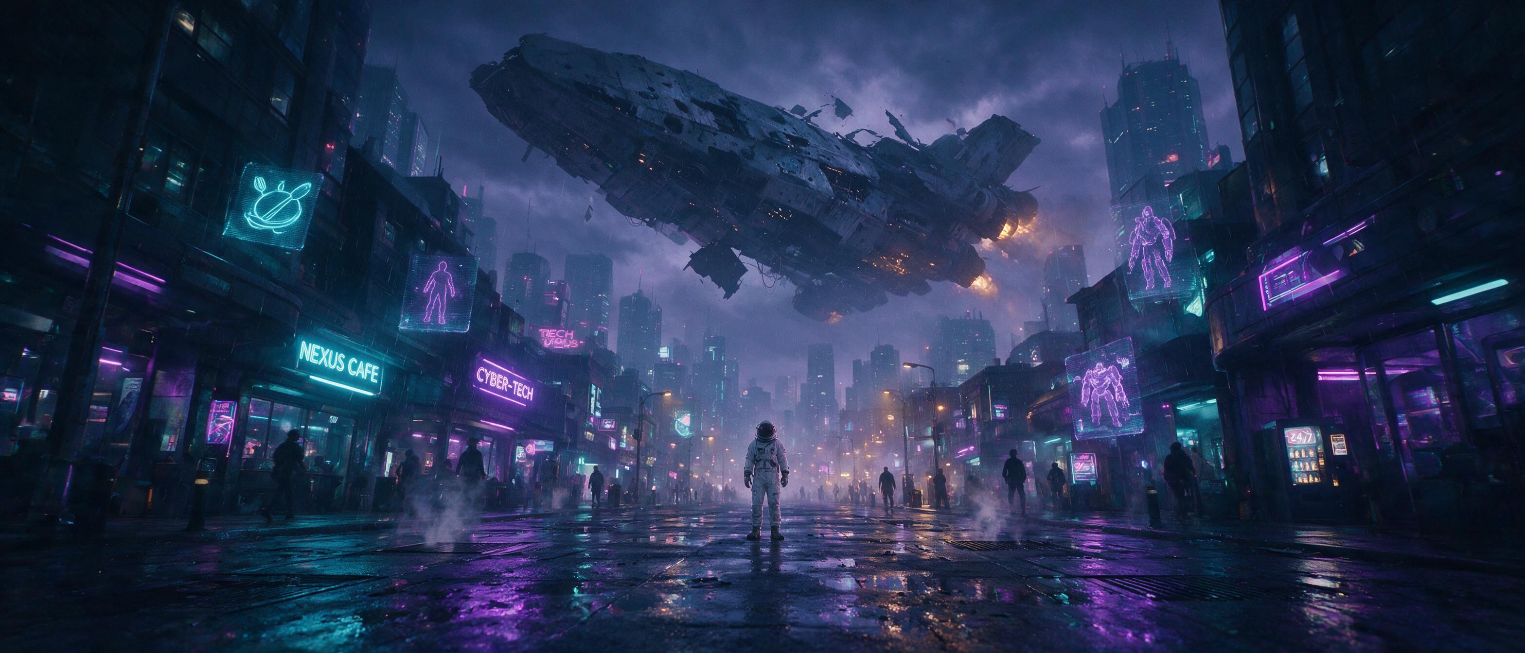 A lone astronaut in a worn white suit stands on a rain-slicked neon-lit street, reflecting purple and cyan holographic signs onto puddles. Atmospheric haze softens distant skyscrapers, while a massive derelict spaceship looms overhead, engines flickering. Low-angle composition, moody cinematic light