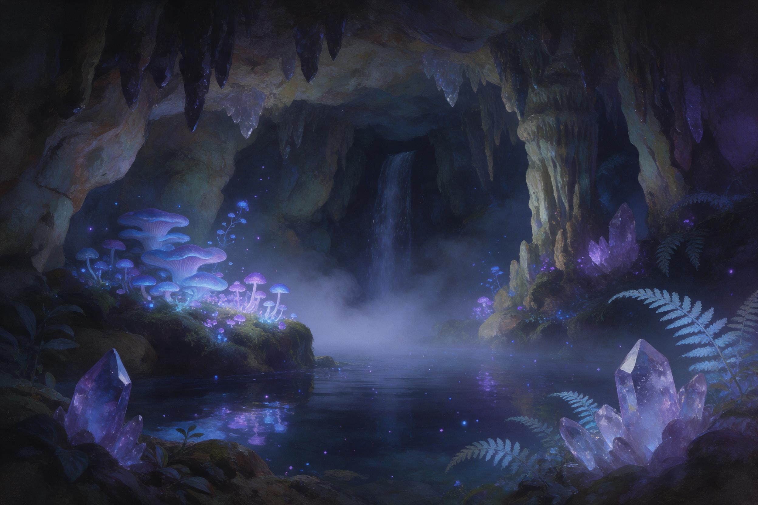 An ancient crystal cave lit by bioluminescent fungi, glowing blue and purple, with a hidden waterfall cascading into a still pool, soft mist, delicate ferns, ethereal atmosphere, painterly style, soft focus, natural lighting