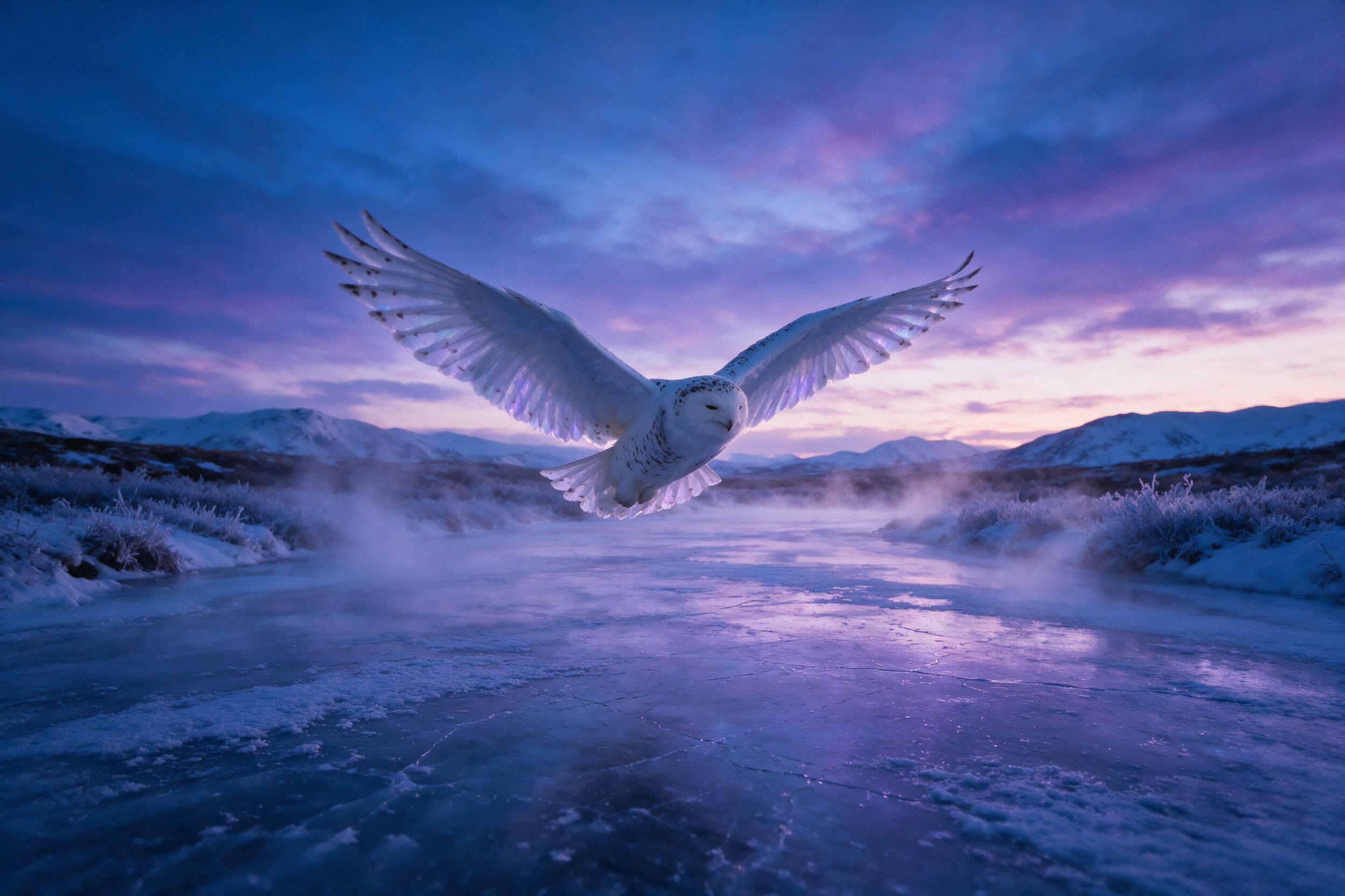 A snowy owl gliding silently over a frozen river at twilight, wings spread wide, feathers glowing with soft purple and blue hues from the reflected sky, mist rising from the ice, subtle grain and natural darkness