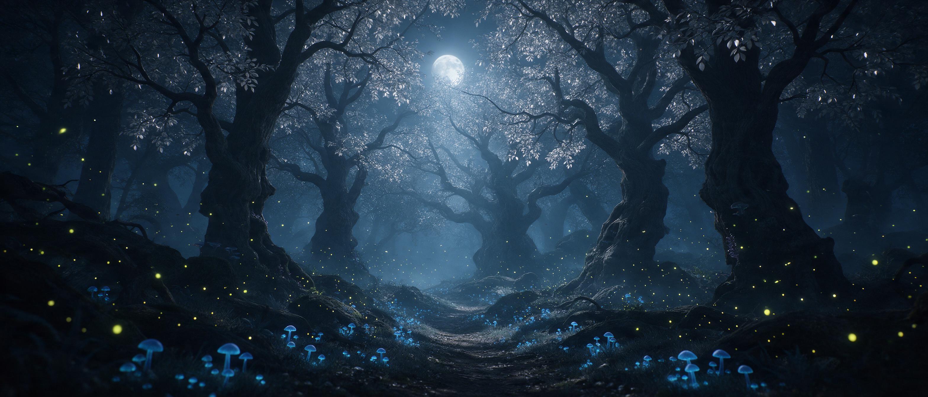 A moonlit ancient forest with glowing blue mushrooms lining a winding path, fireflies swirling in the mist, towering gnarled trees with silver leaves, soft volumetric light through fog, cinematic wide shot, ethereal atmosphere.