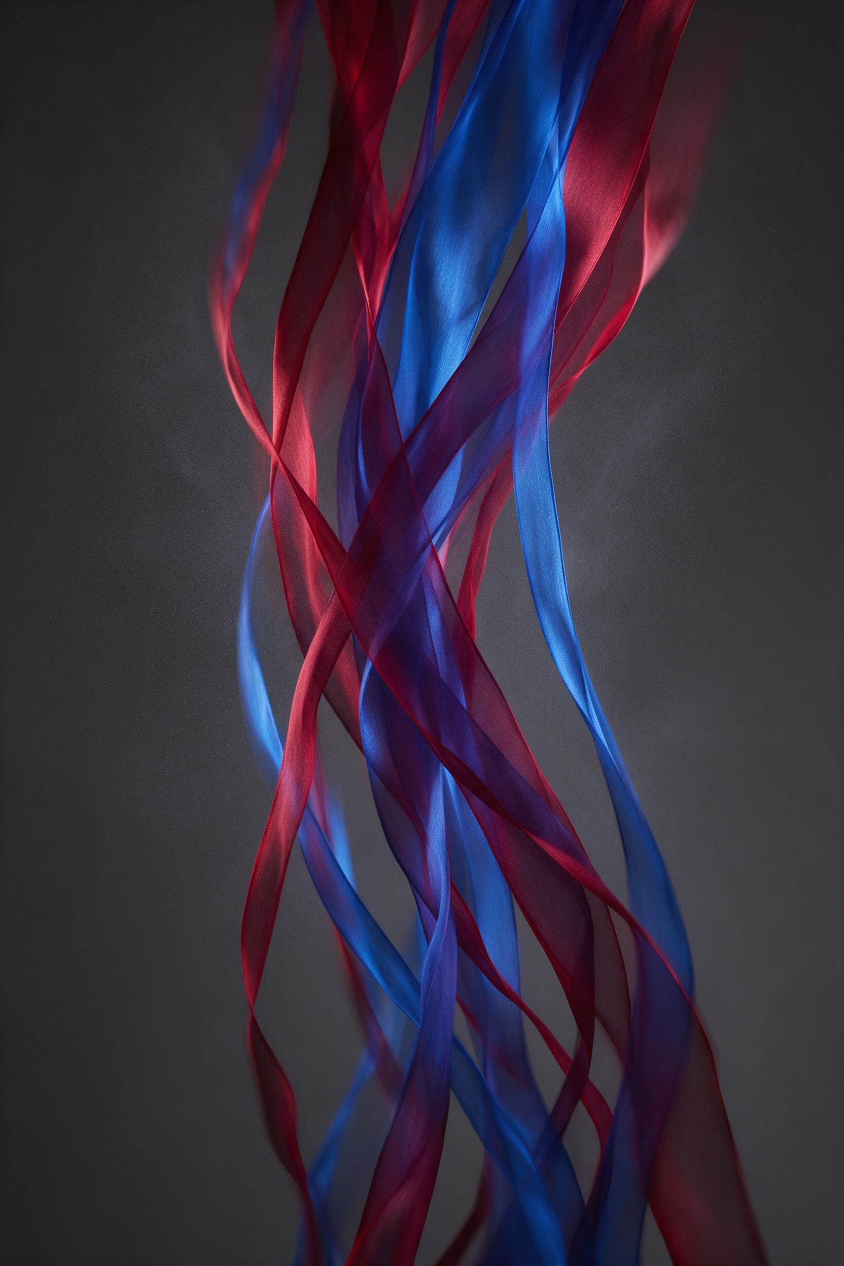 Vertical composition of flowing translucent ribbons in deep crimson and electric blue, intersecting against a matte charcoal background, soft studio lighting casting gentle gradients, fine mist particles suspended in air, smooth silk-like texture, minimalism with subtle motion blur