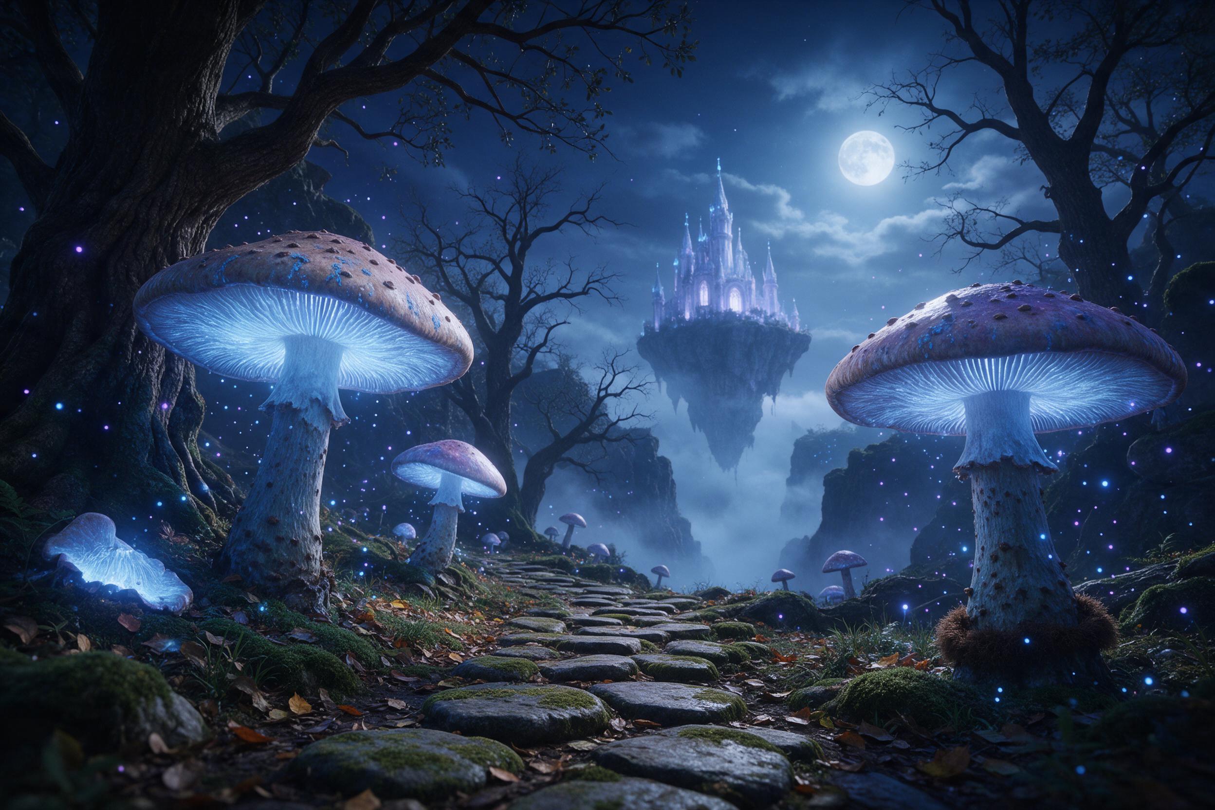 An ancient forest where massive bioluminescent mushrooms glow in soft blue and purple, their spores drifting like fireflies. A winding path of moss-covered stones leads to a distant, ethereal castle floating above a misty gorge. Low-angle composition, silvery moonlight filtering through gnarled bran