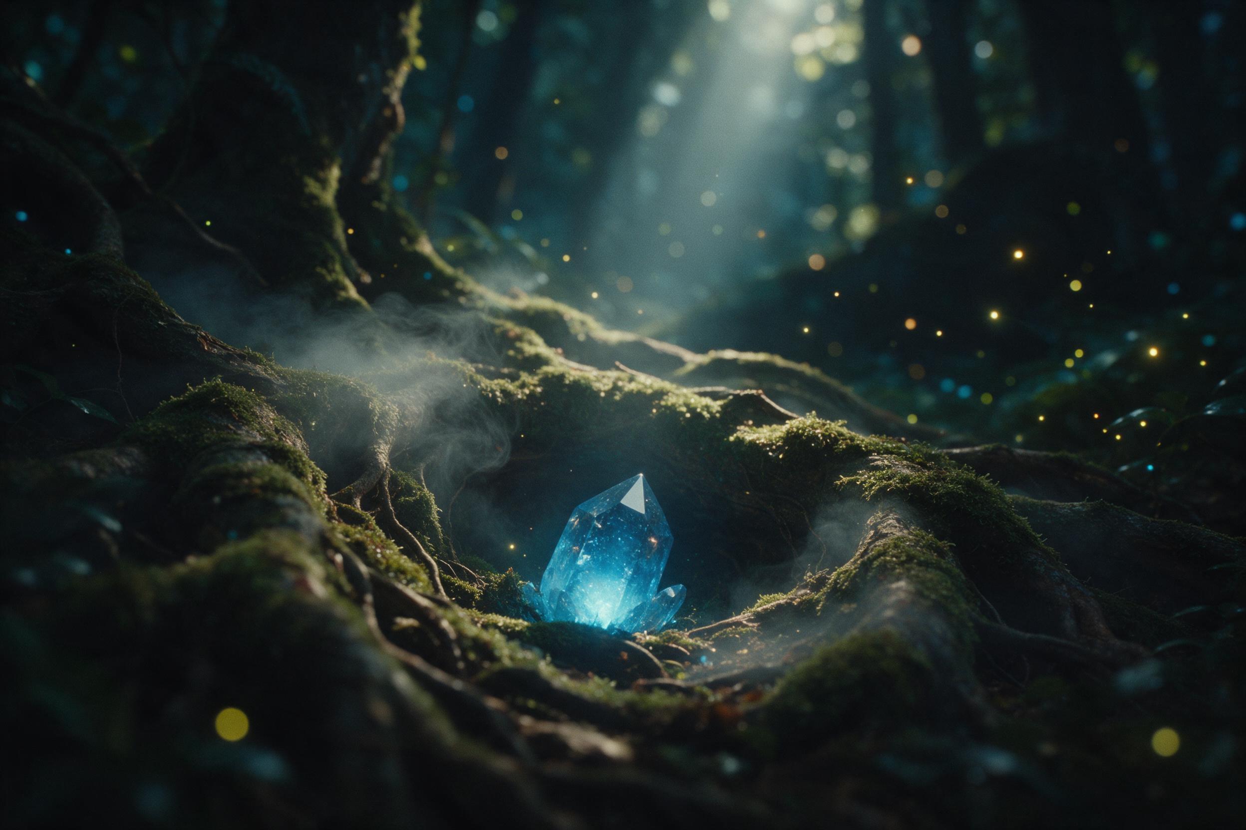 A glowing blue crystal nestled in a mossy hollow, soft mist curling around ancient roots, fireflies sparkling in the dim forest, a single shaft of moonlight piercing the canopy, shallow depth of field, cinematic teal and amber tones, slight film grain