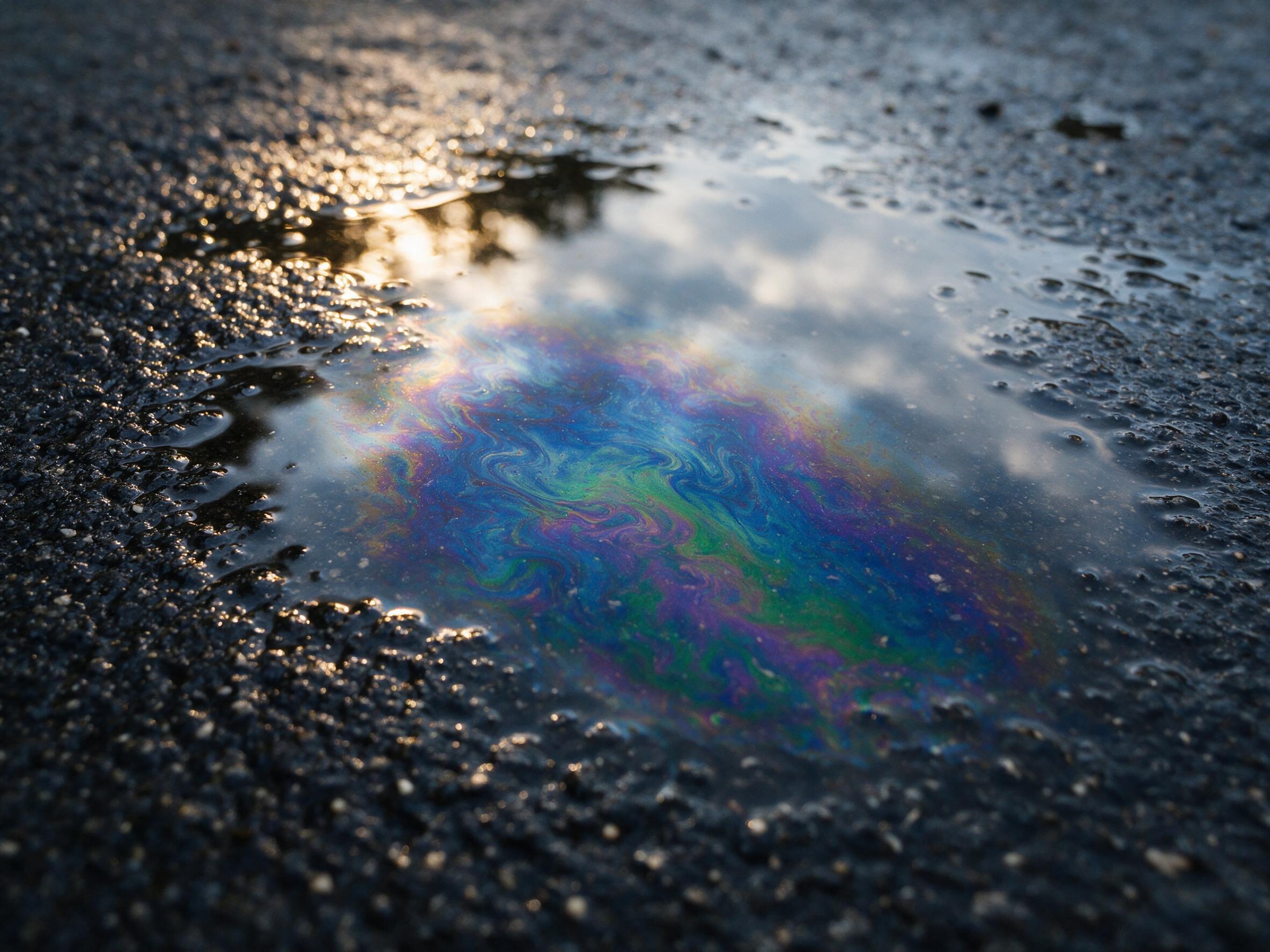 Close-up macro shot of an oil slick on a puddle, subtle iridescent swirls of blue, purple, and green, over a dark rainy asphalt surface, shallow depth of field, soft overcast sky reflection, natural sunlight through a canopy