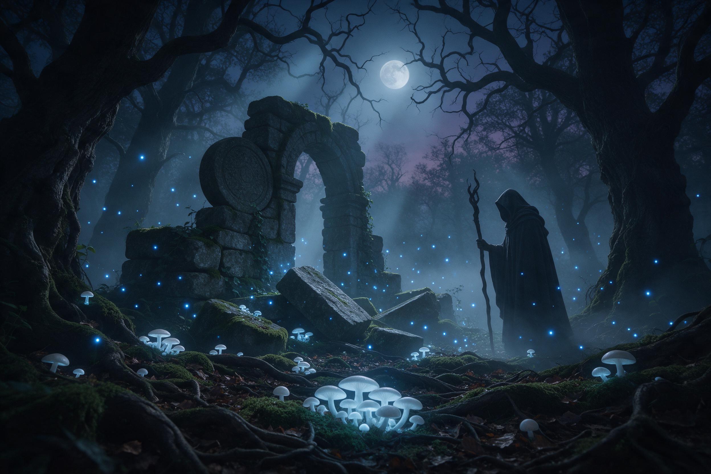 A misty twilight forest clearing with ancient, moss-covered stone ruins, where luminous blue fireflies weave between glowing, pale mushrooms and tangled roots. A cloaked figure with a staff stands at the edge, their silhouette partially veiled by drifting fog. Moonlight filters through gnarled branc