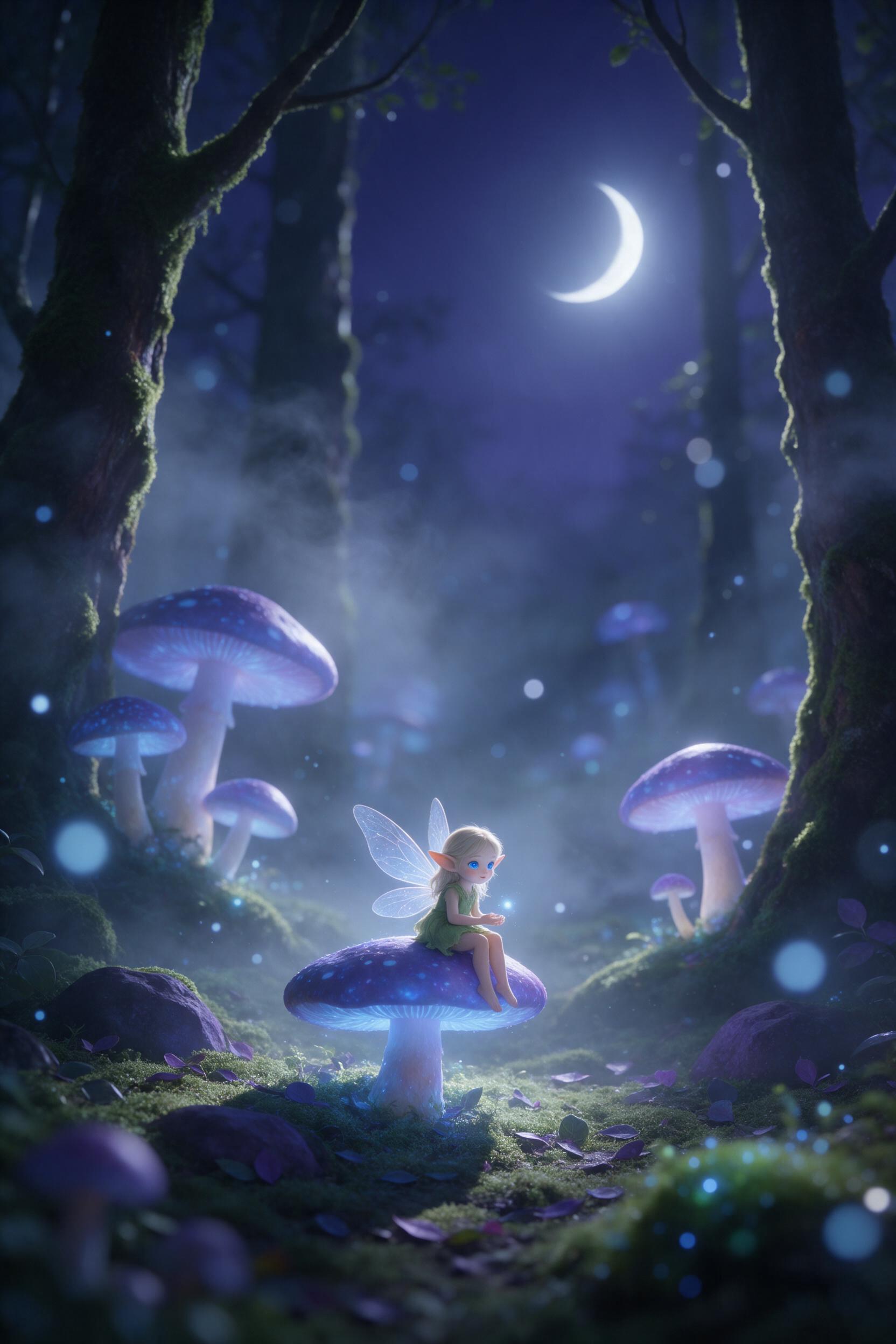 A moonlit enchanted forest clearing, giant glowing mushrooms with bioluminescent blues and purples, mist curling between ancient mossy trees, a small fairy with translucent wings perched on a toadstool, soft volumetric light from a crescent moon, shallow depth of field, gentle bokeh, dreamy atmosphe
