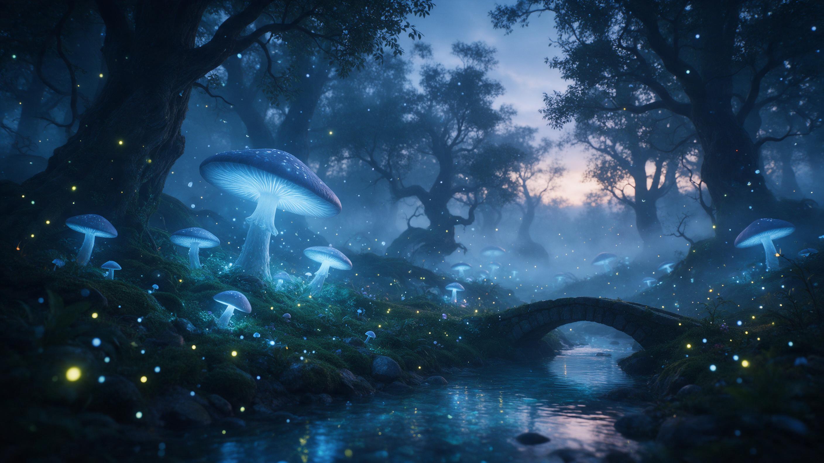 A misty bioluminescent forest at twilight, giant glowing mushrooms casting soft blue light on mossy ground, gentle fog wrapping around ancient twisted trees, fireflies and floating spores sparkling, a small stone bridge over a crystal stream reflecting the light, ethereal atmosphere, cinematic depth
