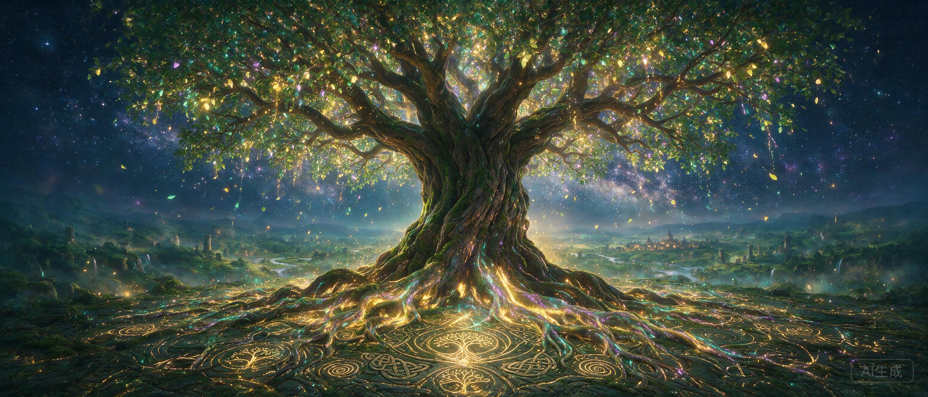 Ancient tree of life with glowing roots extending into geometric patterns, bioluminescent leaves, magical realism